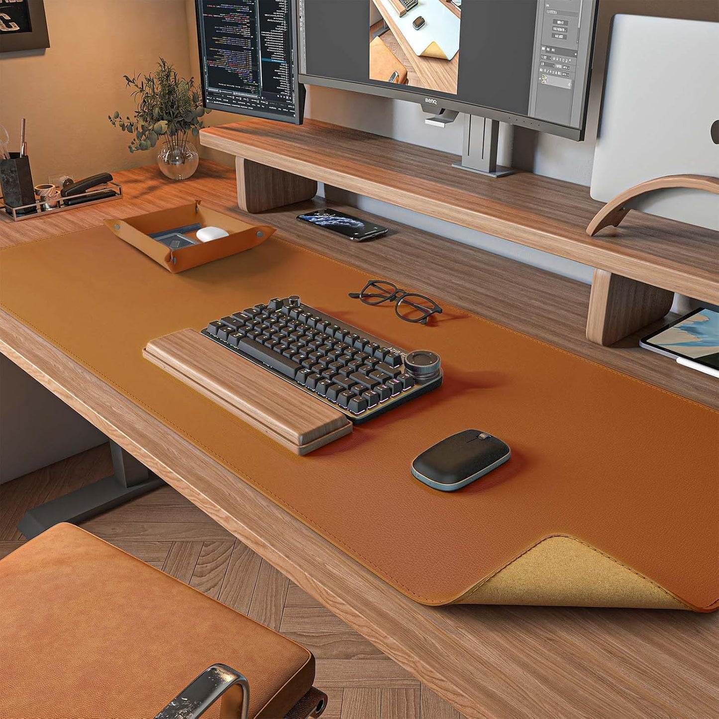 DAWNTREES Dual Sided Desk Mat,Leather Desk Pad,Brown 40"x16",Cork Desk Mat Protector,with PU Leather Valet Tray Organizer,Large Mouse Pad,Desk Writing Pad for Office and Home