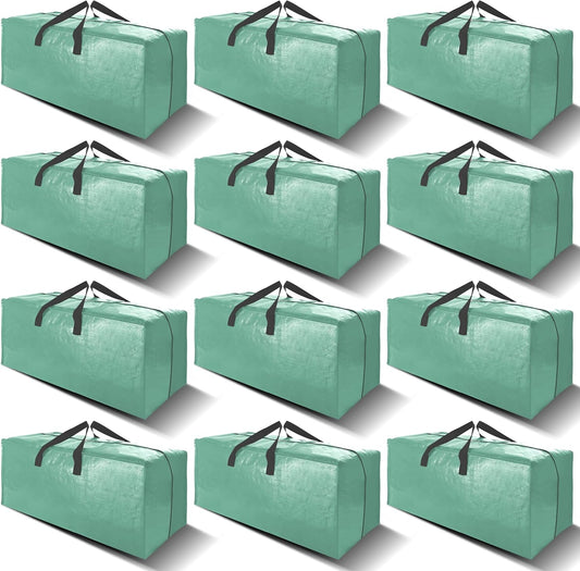 12 Pack Heavy Duty Large Moving Bags W/Backpack Straps - Strong Handles & Zippers, Storage Totes For Space Saving, Fold Flat, Alternative to Moving Box and Storage Bin, Teal