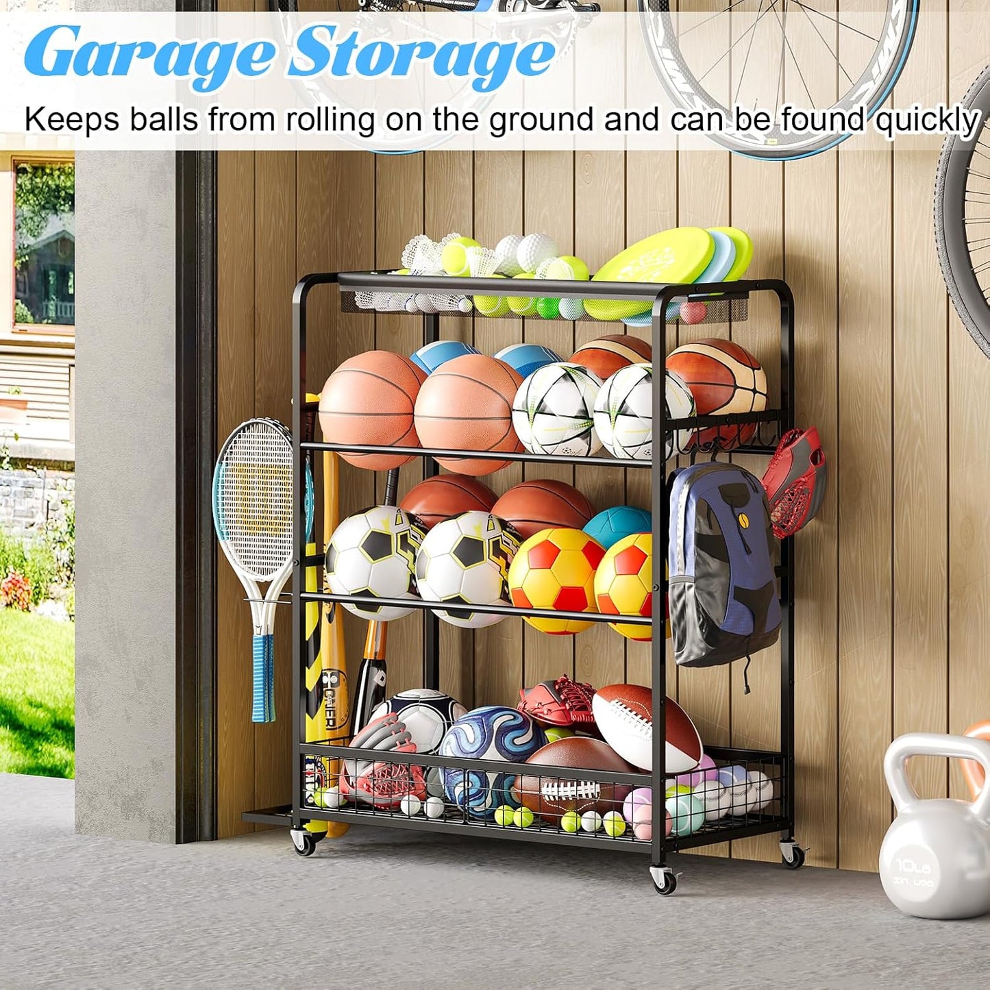 Garage Sports Equipment Organizer,Sports Ball Organizer with Wheels,Basket,Ball Organizer with Baseball Bat Rack and HooksToy Storage Rolling Cart-Black