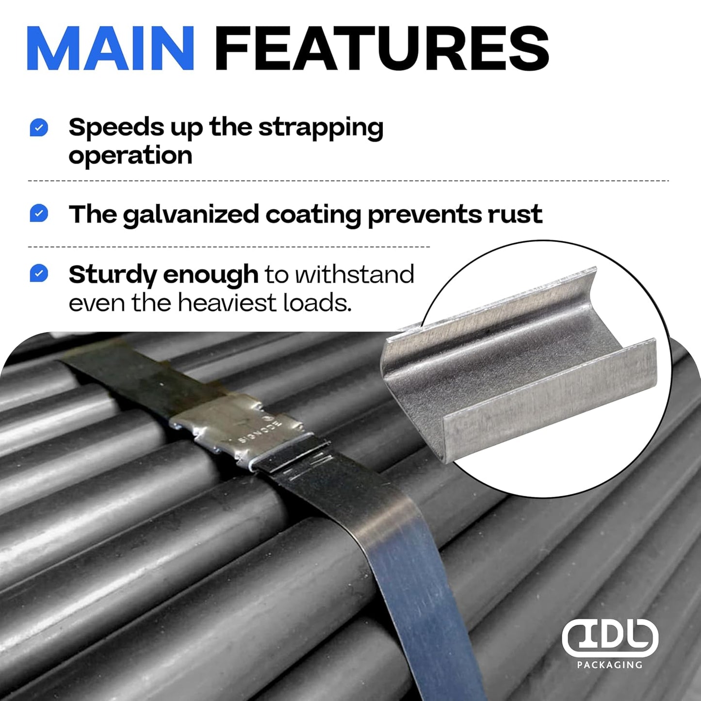 IDL Packaging 1/2" Open (Snap-On) Seals for Steel Strapping, Pack of 250 - USA-Made Sturdy Metal Clips for Securing Heavy Packaging and Pallet Banding - Superior Holding Power for Steel Banding Jobs