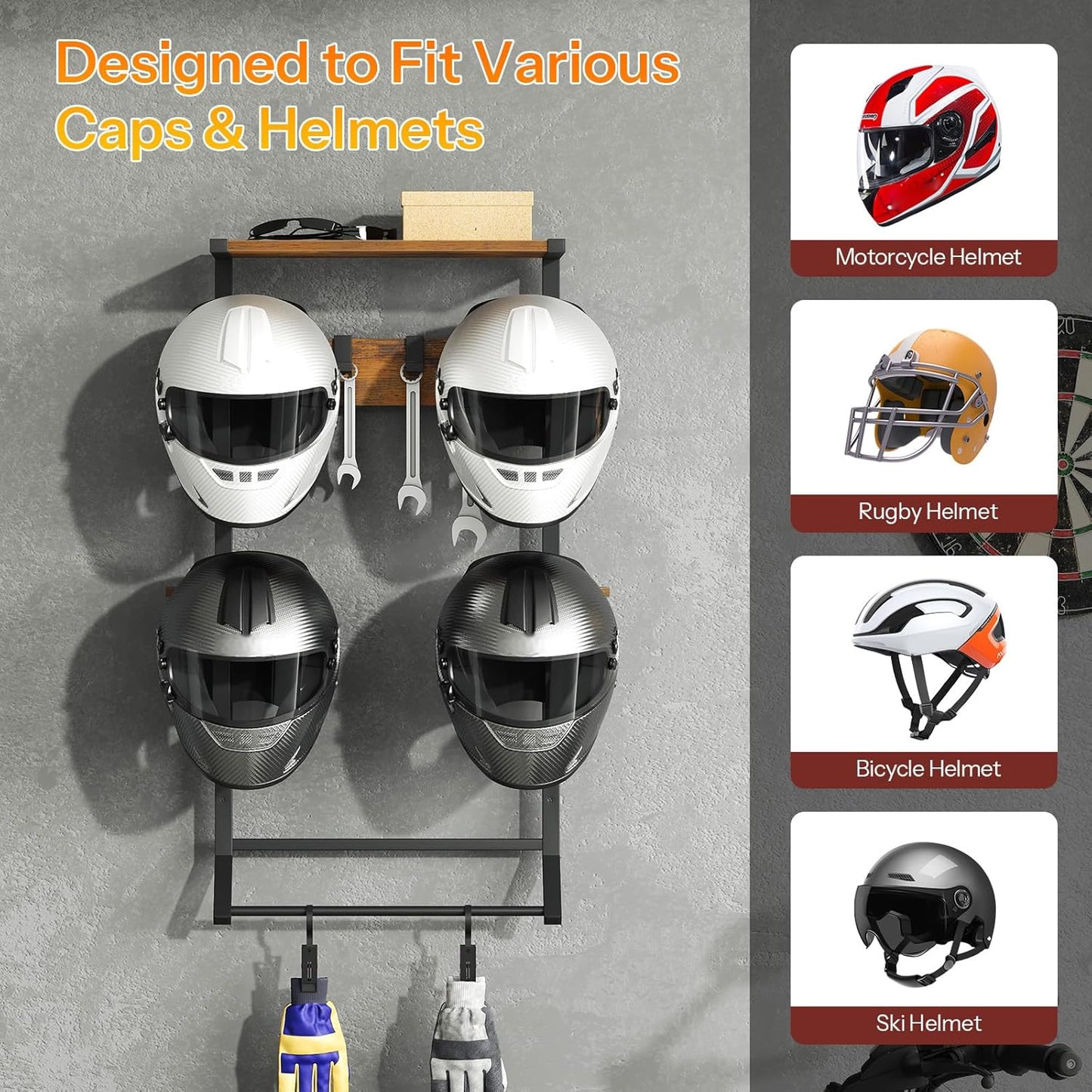 HOOBRO Motorcycle Helmet Rack Wall Mount, Helmet Holder with Hanging Rod, Storage Display Rack with 2 Glove Clamps and 4 Hooks, for Motorcycle Gear and Accessories, Rustic Brown and Black BF02TK01