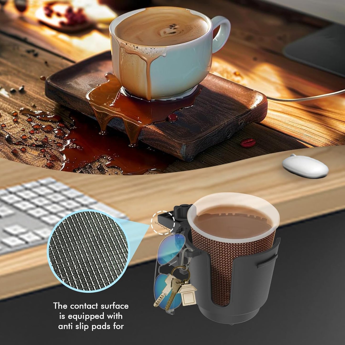 Desk Cup Holder, Anti-Spill Table Cup Holder for Water Bottles, Wheelchairs, Workstations, Gaming Desk Accessories. (Black, Large)