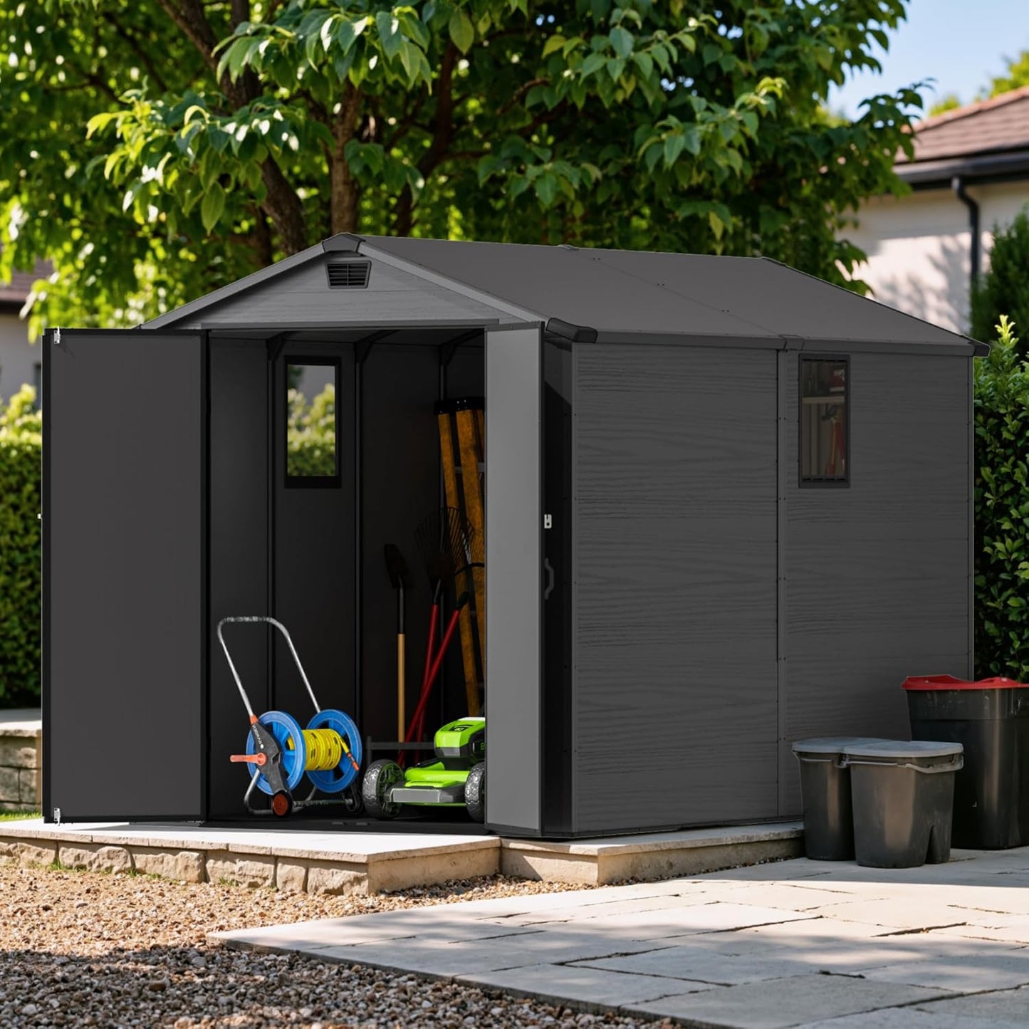 Devoko 6x10 FT Plastic Outdoor Storage Shed - Lockable Resin Tool Shed with Window & Floor - Easy Assembly for Garden, Backyard, Dark Gray