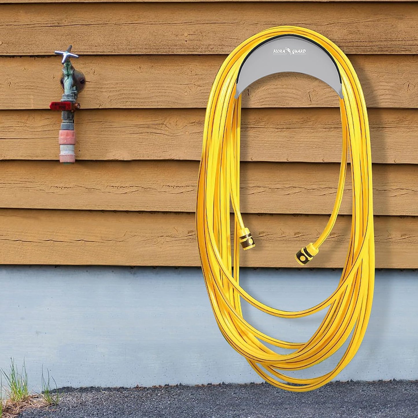 FLORA GUARD Garden Hose Holder, Heavy-Duty Metal Hose Hanger, Holds Up to 125 ft, Gaeden Hose Wall Mount for Outdoor Patio, Rust and Slip Resistant (Gray)