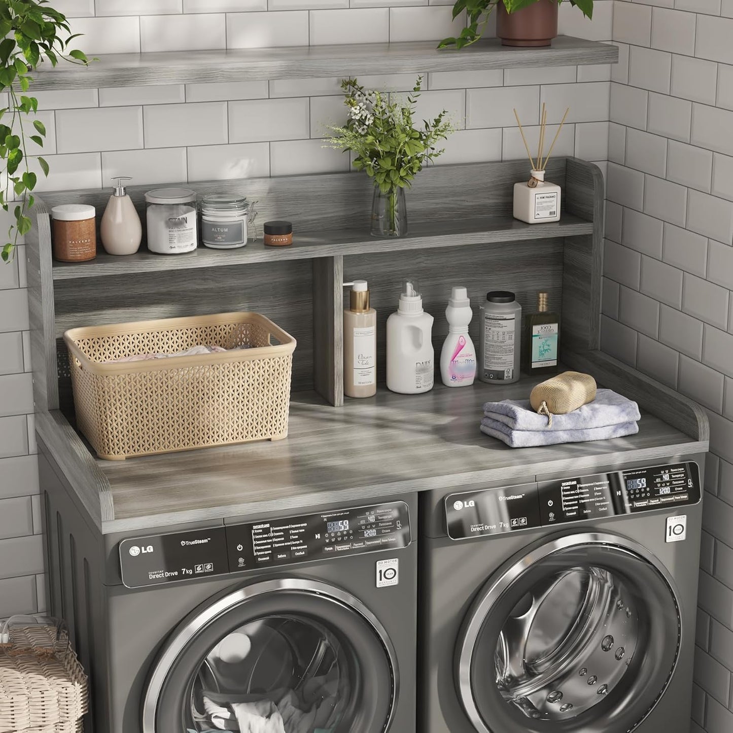 2-Tier Washer Dryer Countertop, 18.5" Raised Height Laundry Countertop with Edge Rails and Non-Slip Pad, 54"W x 27.55"D Washer and Dryer Topper for Laundry Room Storage Organization (Stripe Gray)