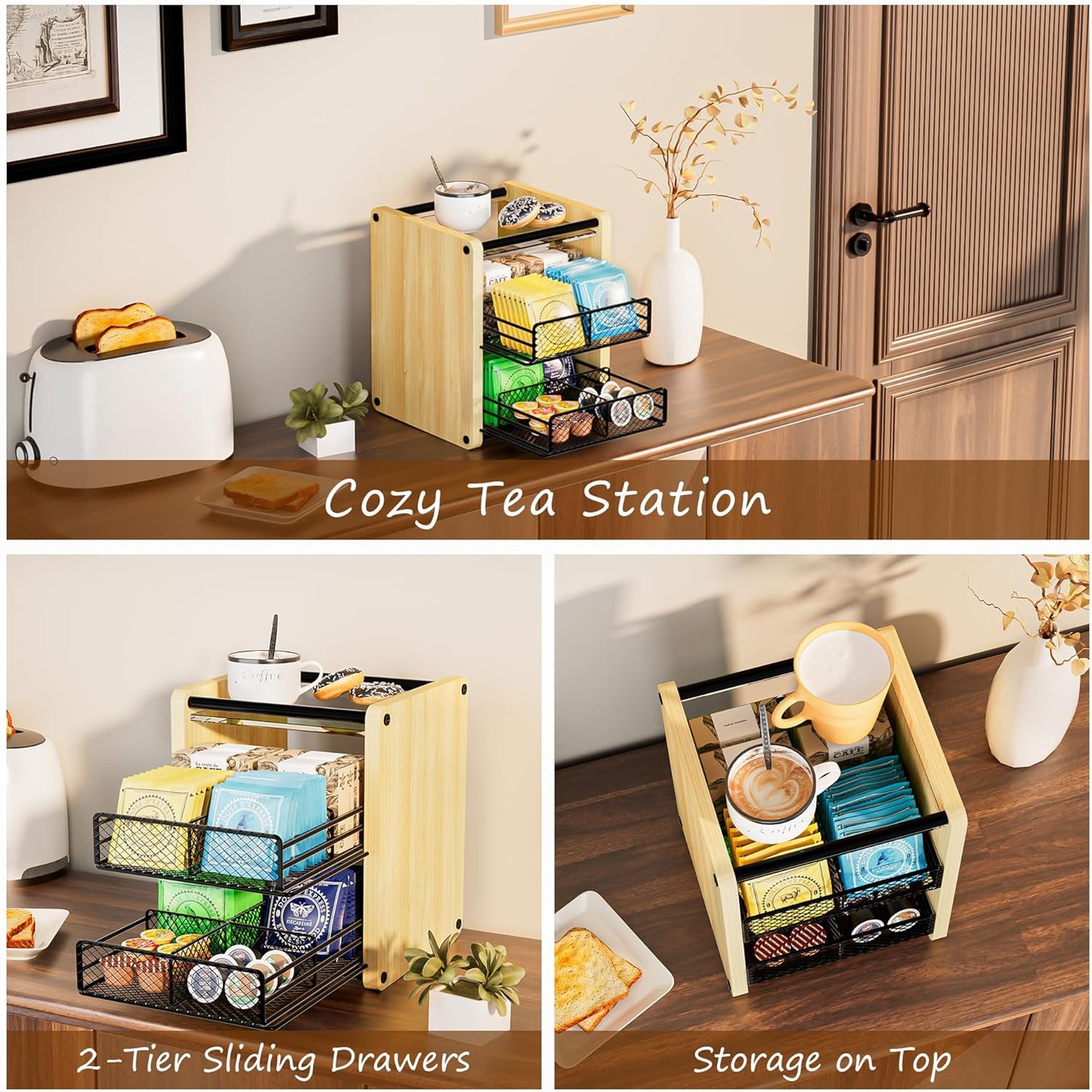 Tea Bag Organizer, Tea Organizer and Storage with Drawers, Tea Box for Tea Bags, Wooden Tea Bag Holder for Kitchen, Countertop, Office, Tea Station (Natural Wood)