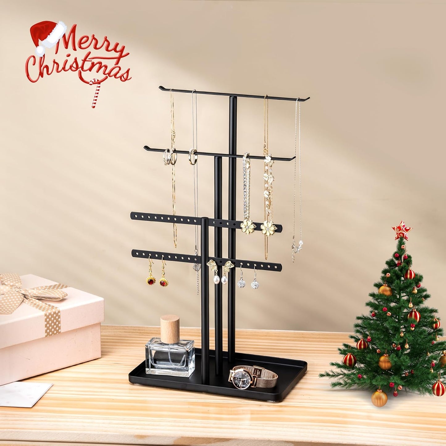 pickpiff Jewelry Stand Organizer, 14.5" Tall Sturdy Metal, 3-Tier Jewelry Holder for Necklace, Earring, Bracelet, Ring, Hanger for Display and Storage, Aesthetic Room Decor, Black