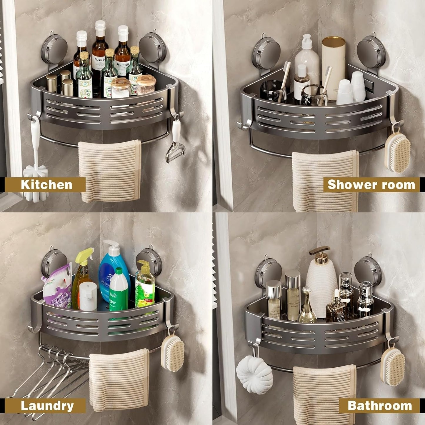 VOLPONE Corner Shower Shelf Suction Cup Shower Caddy Corner No Drilling Bathroom Shower Organizer Storage Rack Adhesive with Towel Bar (3-Pack, Gray)
