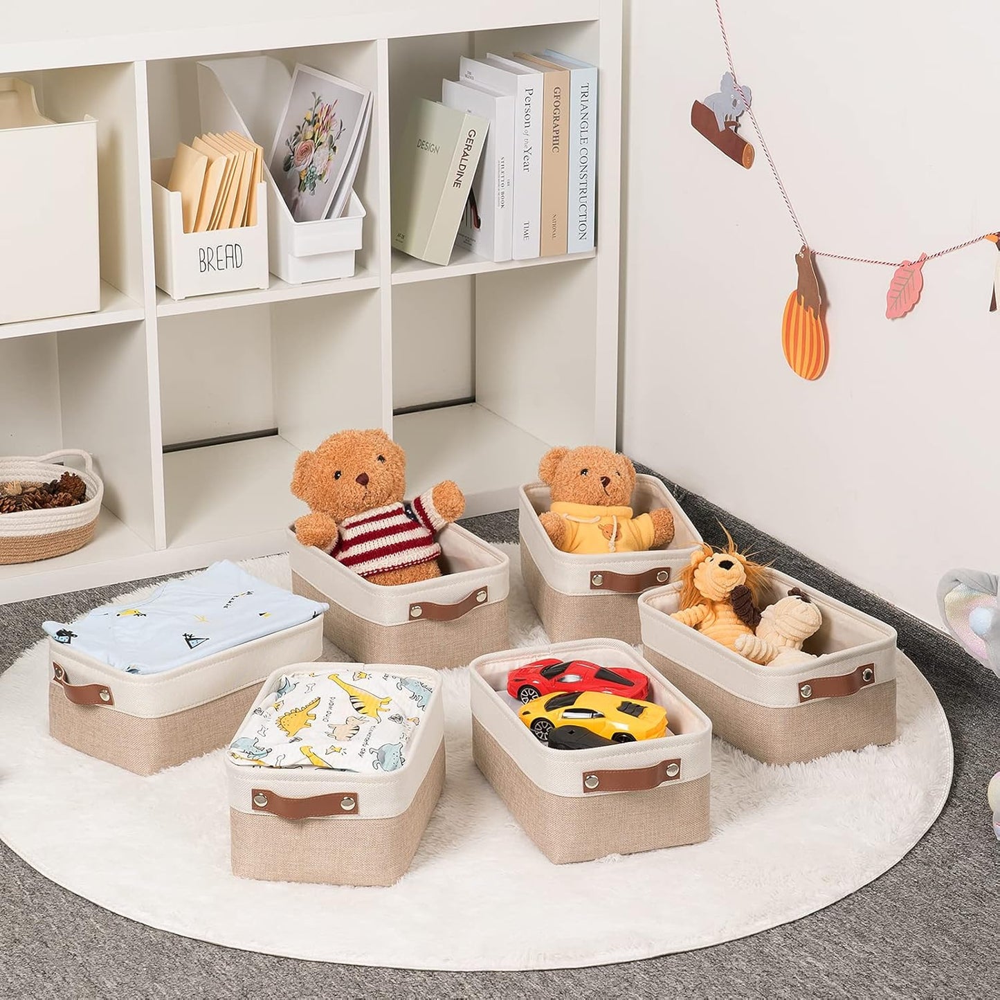 HNZIGE Small Fabric Baskets for Organizing(6 pack) Collapsible Storage Baskets for Shelves, Closets, Laundry, Nursery, Decorative Baskets for Gifts Empty (White&Beige, 11.8" x 7.8" x 5.1")