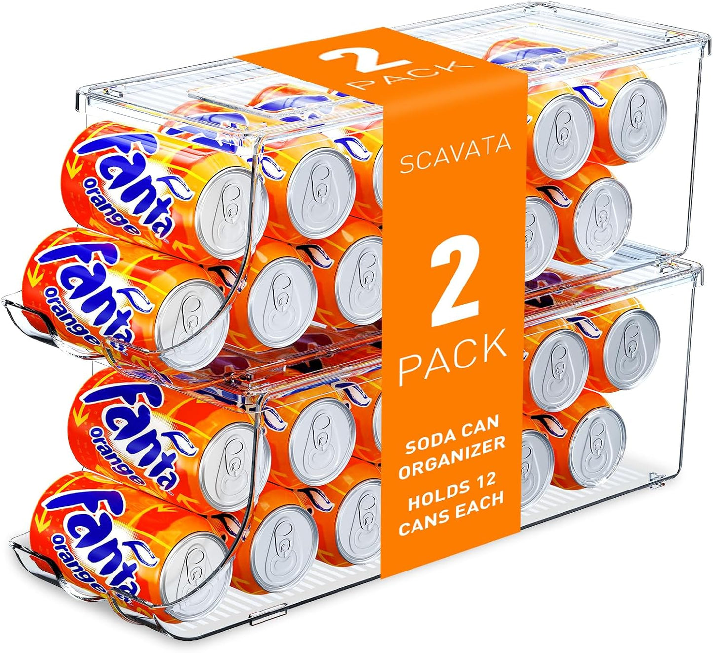 2 Pack Soda Can Organizer for Refrigerator, Stackable Canned Food Pop Cans Container Can Holder Dispenser with Lid for Fridge Rack Freezer, Clear Storage Bins-Holds 12 Cans Each (Clear)