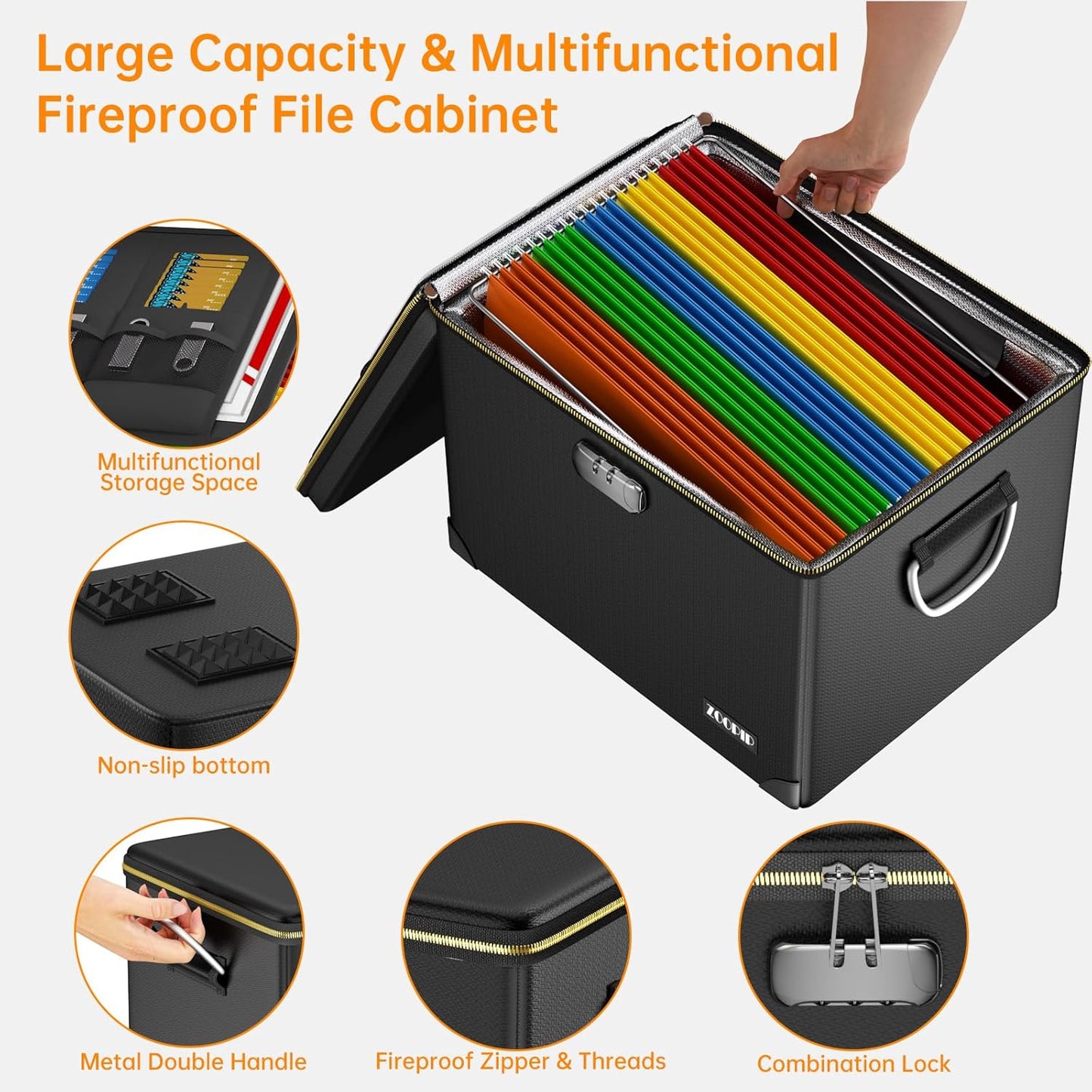 Fireproof Document Box,Hard Case File Organizer with Fireproof Zipper&Threads,Non-Foldable Filing Cabinet with Lock, Portable Office Safe Box Storage for Hanging Letter Folder,Valuables,Black