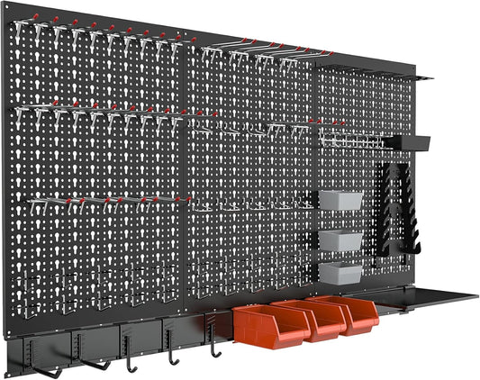 TORACK Metal Pegboard Wall Organizer System for Garage, 109 PCS Pegboard Accessories Tool Organizer Kit with Pegboard Bins, Hooks, Pegboard Tool Storage System for Workbench(Black)