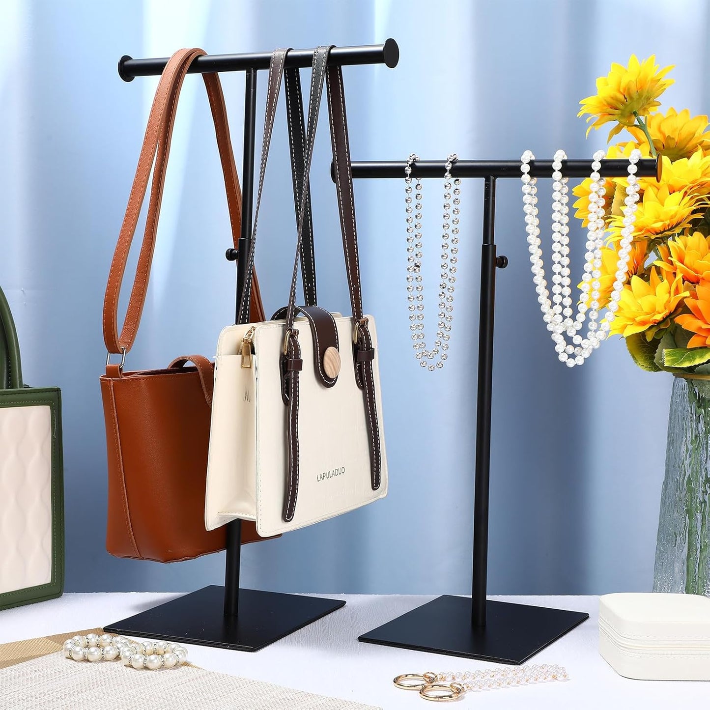 Leinuosen 4 Pcs T Shaped Purse Display Stand Necklace Display Stand Tabletop Adjustable Height Purse Hanger Rack