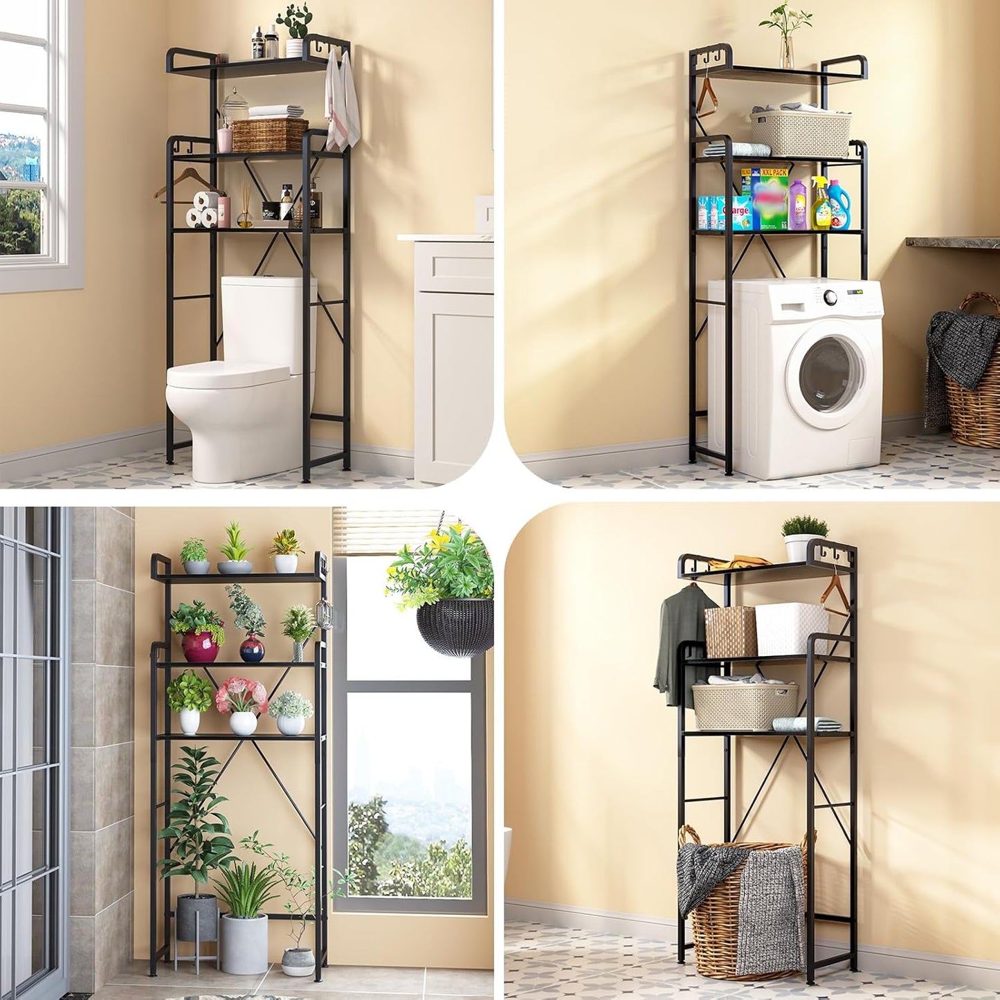 Over-The-Toilet Storage Rack with 3-Tier Shelves, Space Saver Toilet Shelf, Bathroom Storage Organizer with Hooks for Over-Toilet Storage (Black)