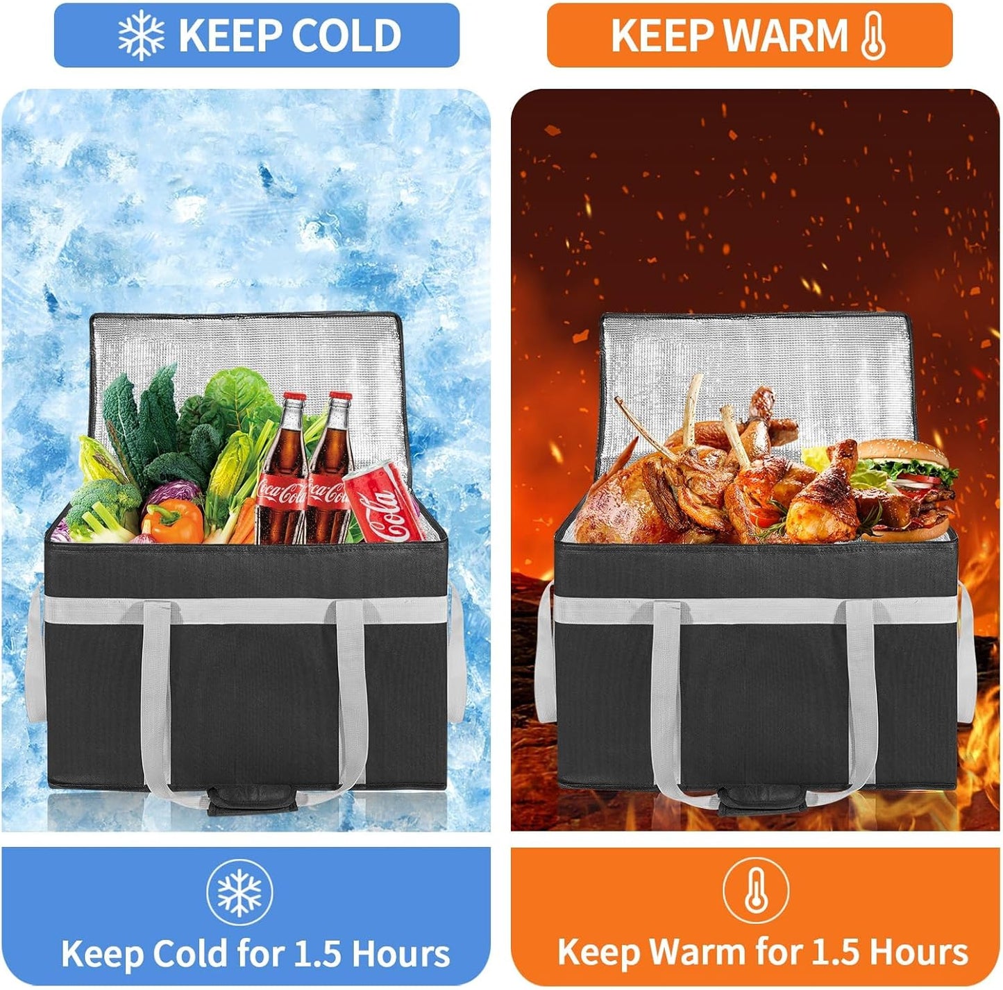 XXXL 2 Pack Insulated Food Delivery Bag with Removable Hard Bottom, Reusable Insulated Grocery Bag for Hot and Cold Food, Catering Cooler for Doordash, Warmers, Parties (Black+Red)
