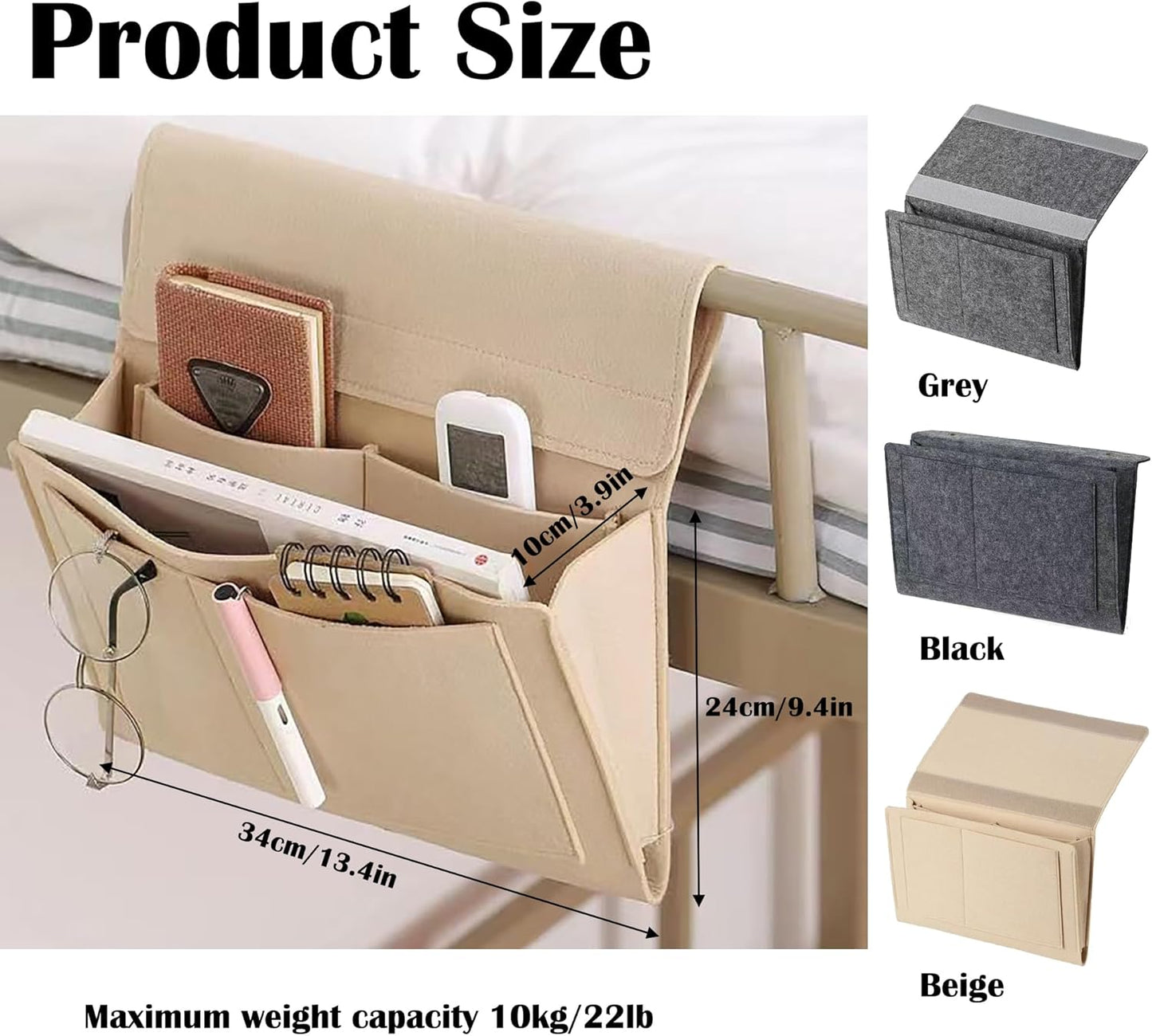 Bedside Caddy, 5 Pockets Felt Bedside Storage Organizer, Hanging Storage Organizer for Home Bedroom Living Room College Dorm Bed Water Bottles, Magazines, Phone, Glasses (Beige)
