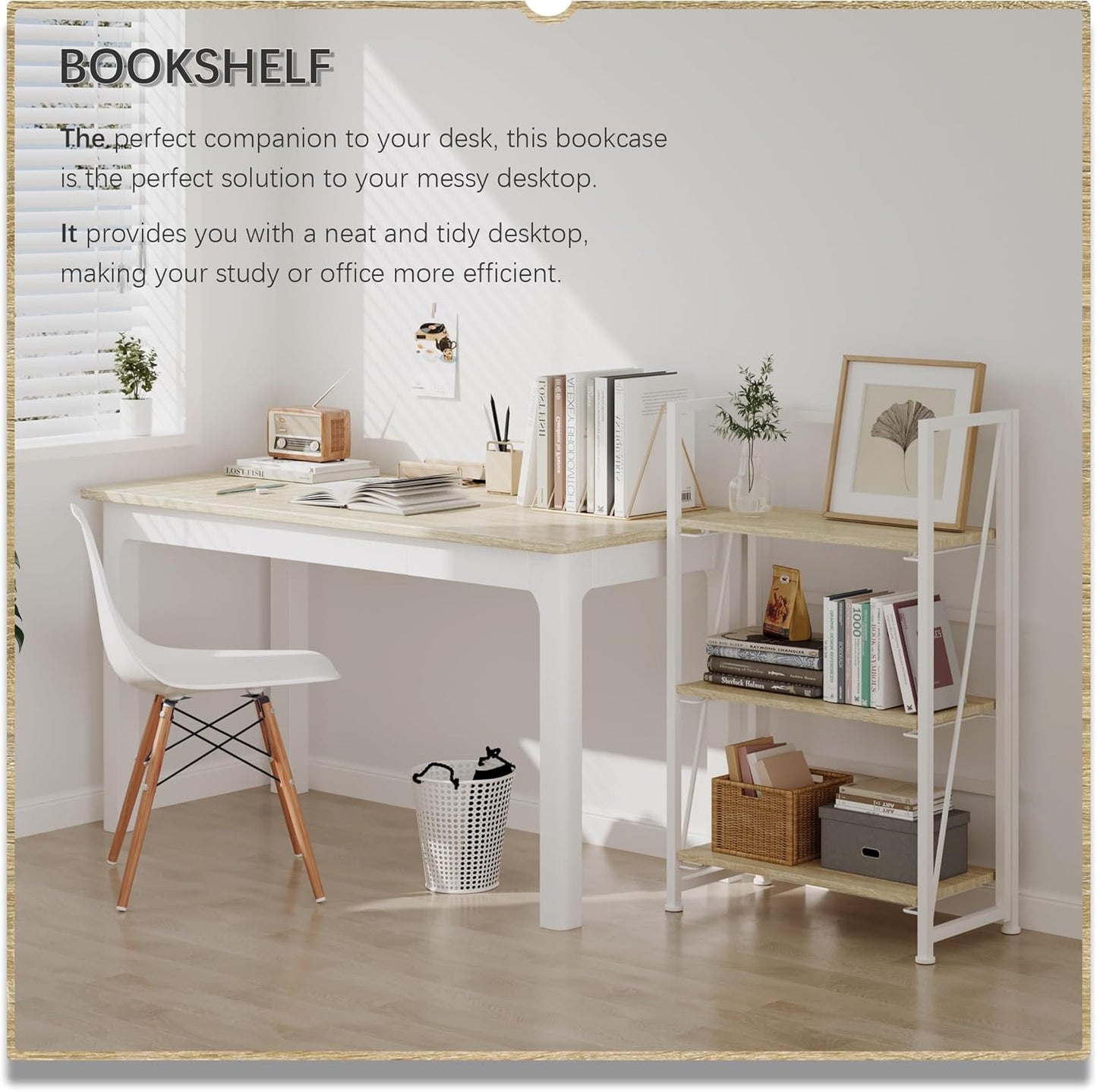 4NM No Assembly Folding Bookshelf Storage Shelves 3 Tiers Vintage Bookcase Standing Racks Study Organizer Home Office (Natural White)