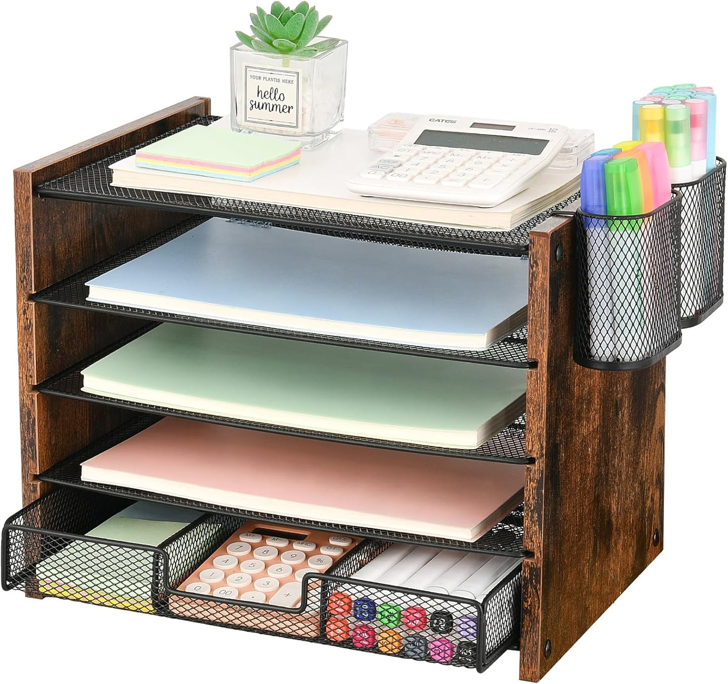 OPNCIE Desk Organizer and Accessories, 5-Tier Paper Letter Tray File Organizer with Drawer & 2 Pen Holder, Office Desk Accessories Workspace Desktop Organizer for Office Supplies(Brown)