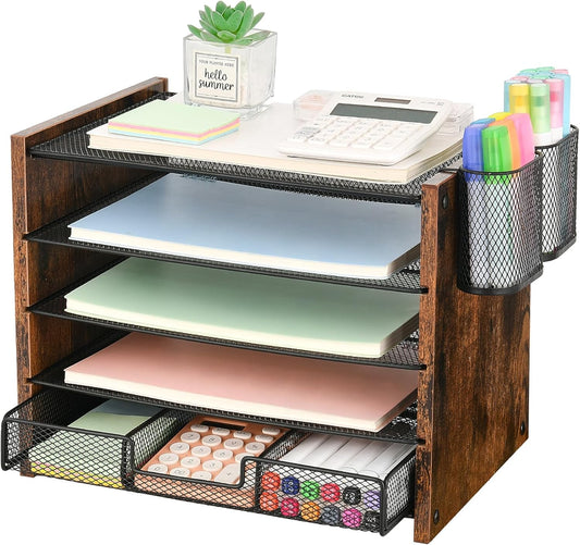 OPNCIE Desk Organizer and Accessories, 5-Tier Paper Letter Tray File Organizer with Drawer & 2 Pen Holder, Office Desk Accessories Workspace Desktop Organizer for Office Supplies(Brown)