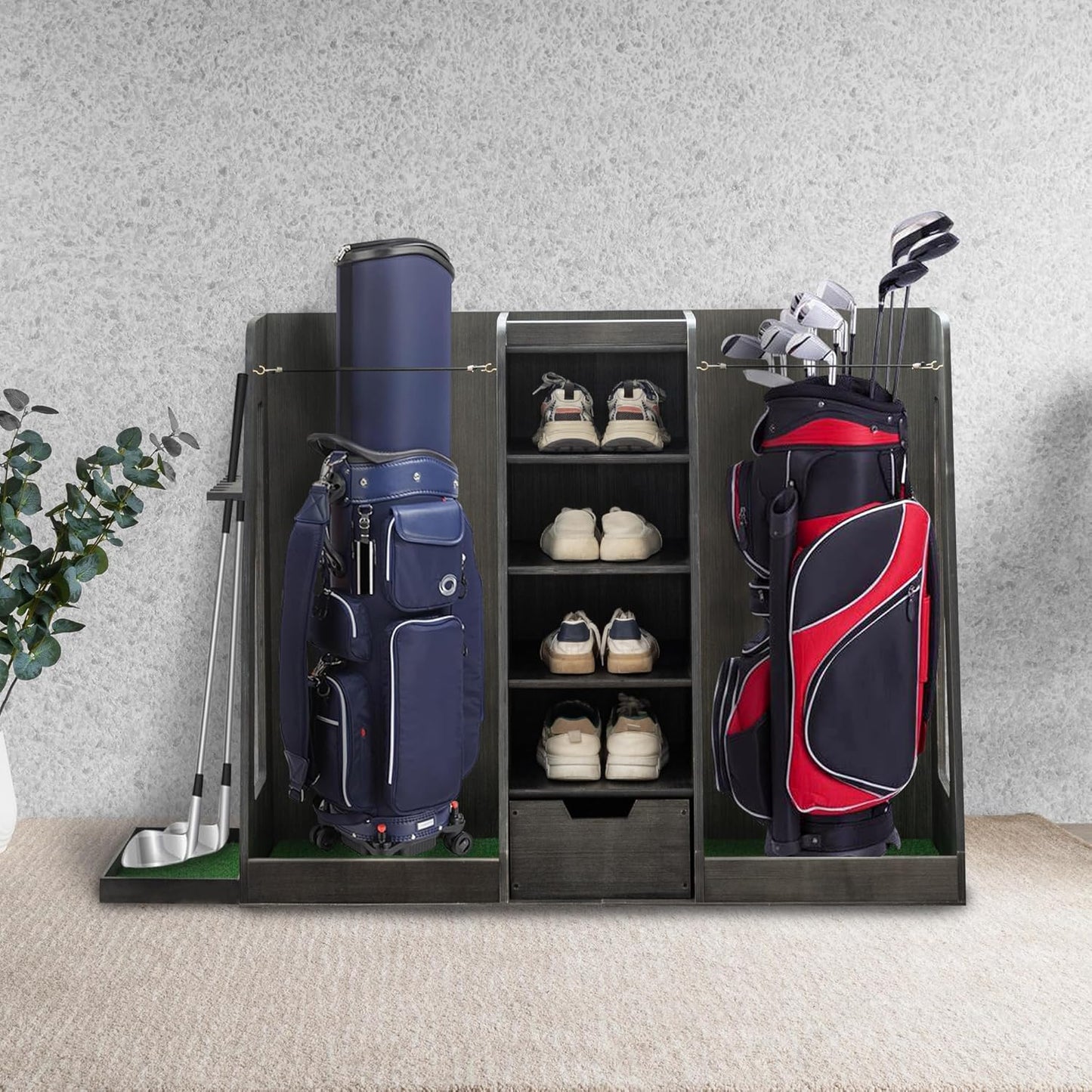 Wooden Golf Bag Storage Organizer Fits 2 Bags and Multiple Golfing Equipment Accessories, Golf Bag Rack Club Stand Holder Great Gifts for Any Level Golfer