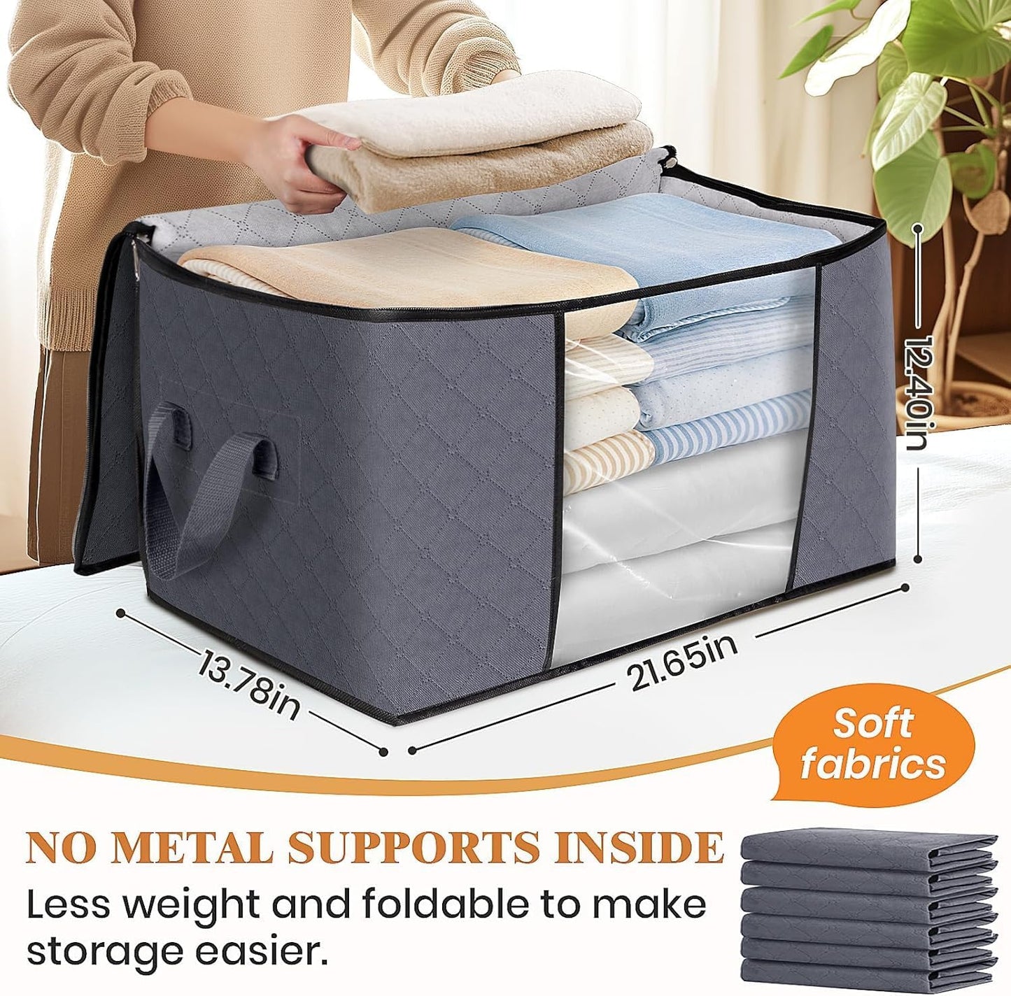Large Clothes Storage Bags 6 Pack, Foldable Closet Organizers with Durable Breathable Fabric & Clear Window for Blankets, Comforters, Pillows, Bed Sheets, Toys & Seasonal Clothing (Gray)