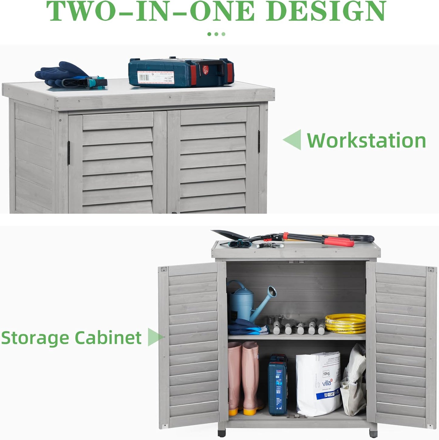 Outdoor Potting Bench with Storage Cabinet and Metal Top, Wood Workstation for Outdoor Patio, Garden (Light Grey, 31x17x36‘’)