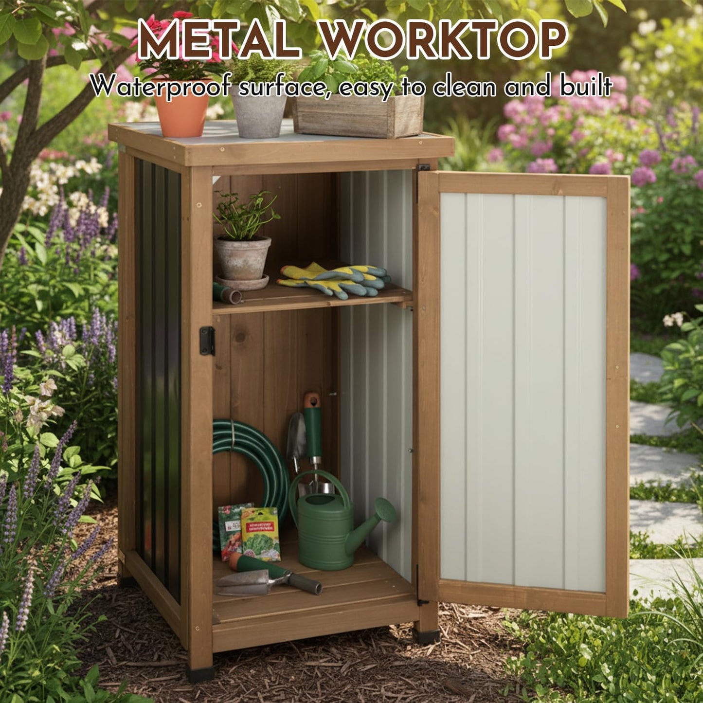 Outdoor Storage Cabinet with Metal Worktop, Fir Wood Frame & Adjustable Shelf, Weather-Resistant Garden Tool Organizer for Patio, Porch, Balcony, or Garage (18" L x 18" W x 33.5" H)
