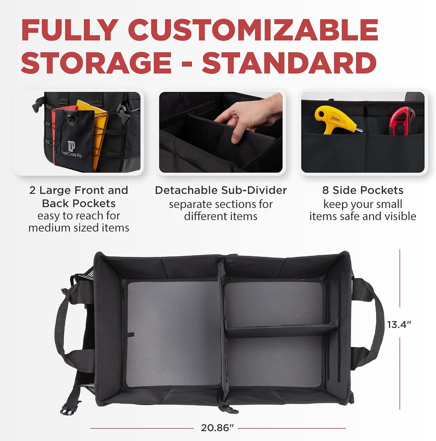 TRUNKCRATEPRO Car Organizers and Storage Premium Adjustable Multi Compartments Car Storage Organizer | Portable and Foldable SUV Trunk Organizer for Car (Standard Size, 20.86"L x 13.4"W x 10"H )-Black