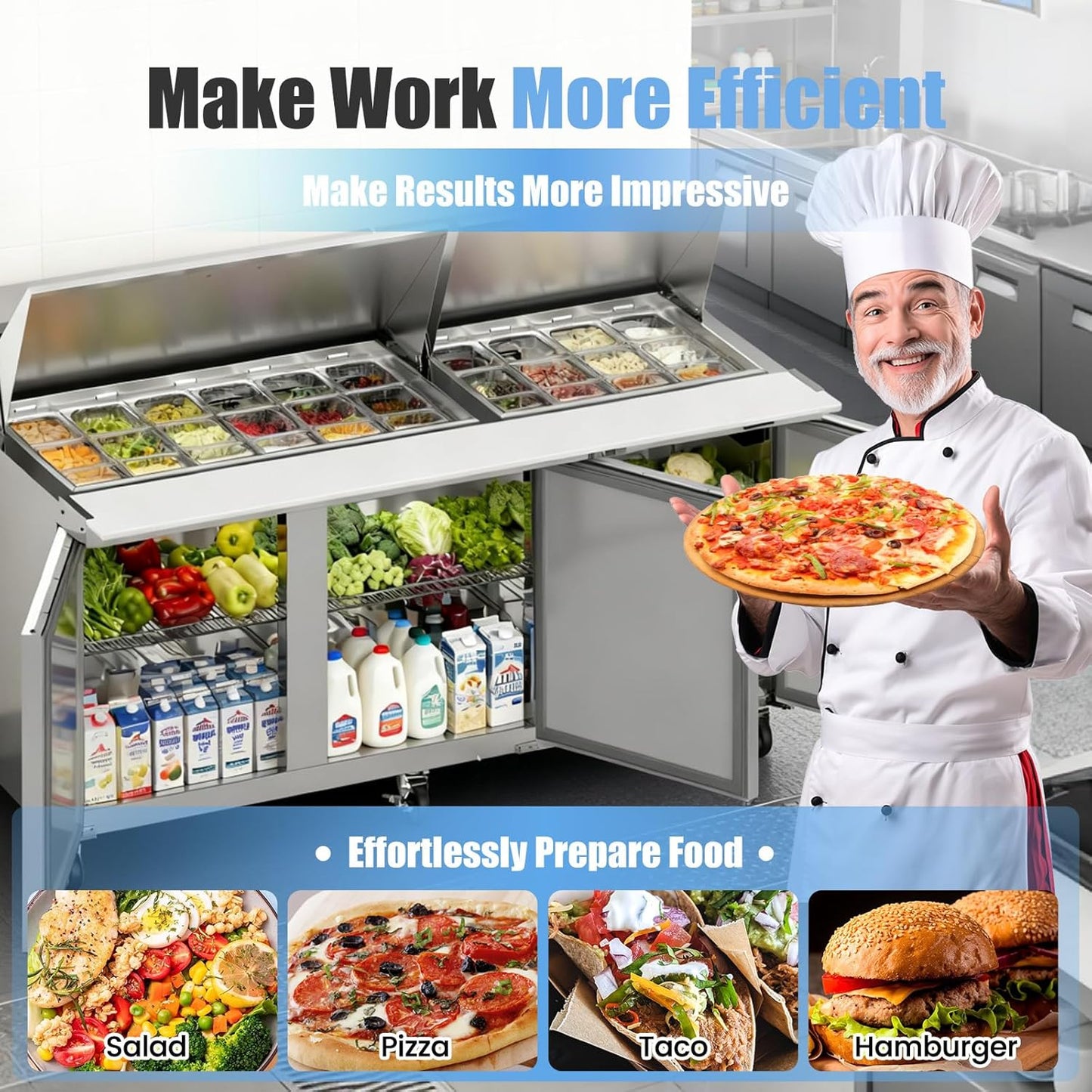 72" W Commercial Refrigerator Sandwich Salad Prep Table, Stainless Steel 3-Door Sandwich Prep Table Refrigerator, Counter Fan Cooling Refrigerator with 30 Pans for Restaurant, Bar