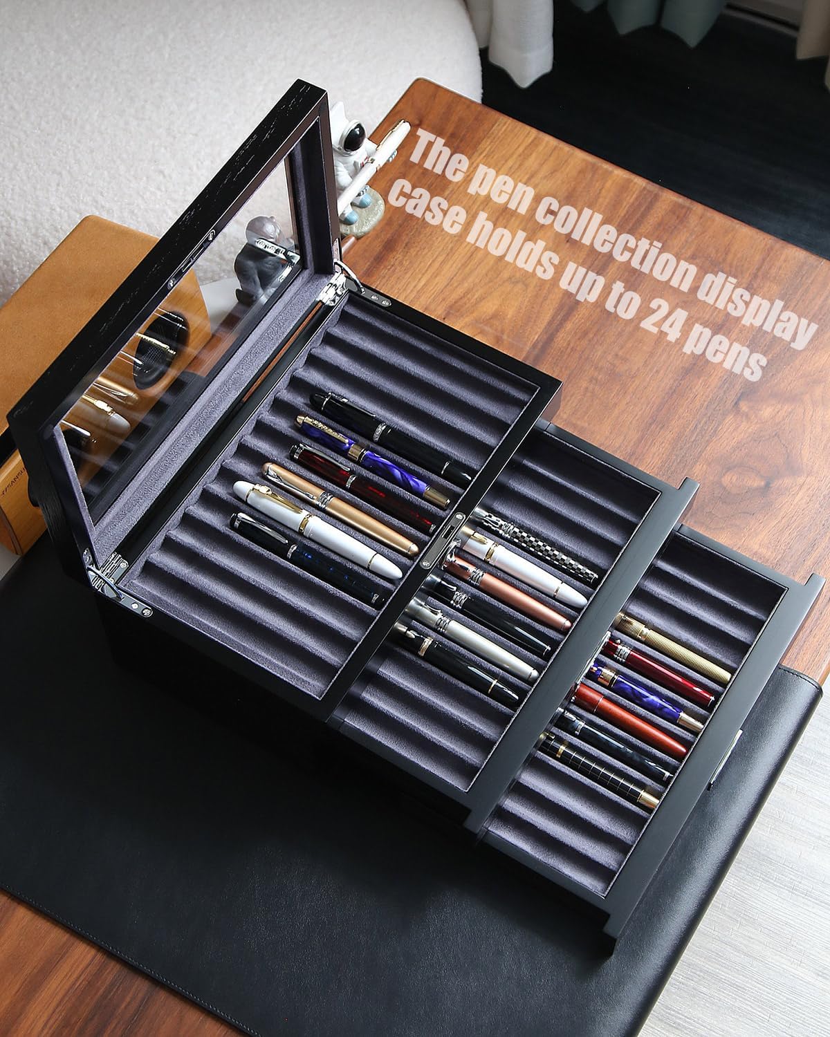 wood pen display case 36 slot Fountain pen Box storage Organizer with drawer, Top Glass Window Pen Collection Display Case