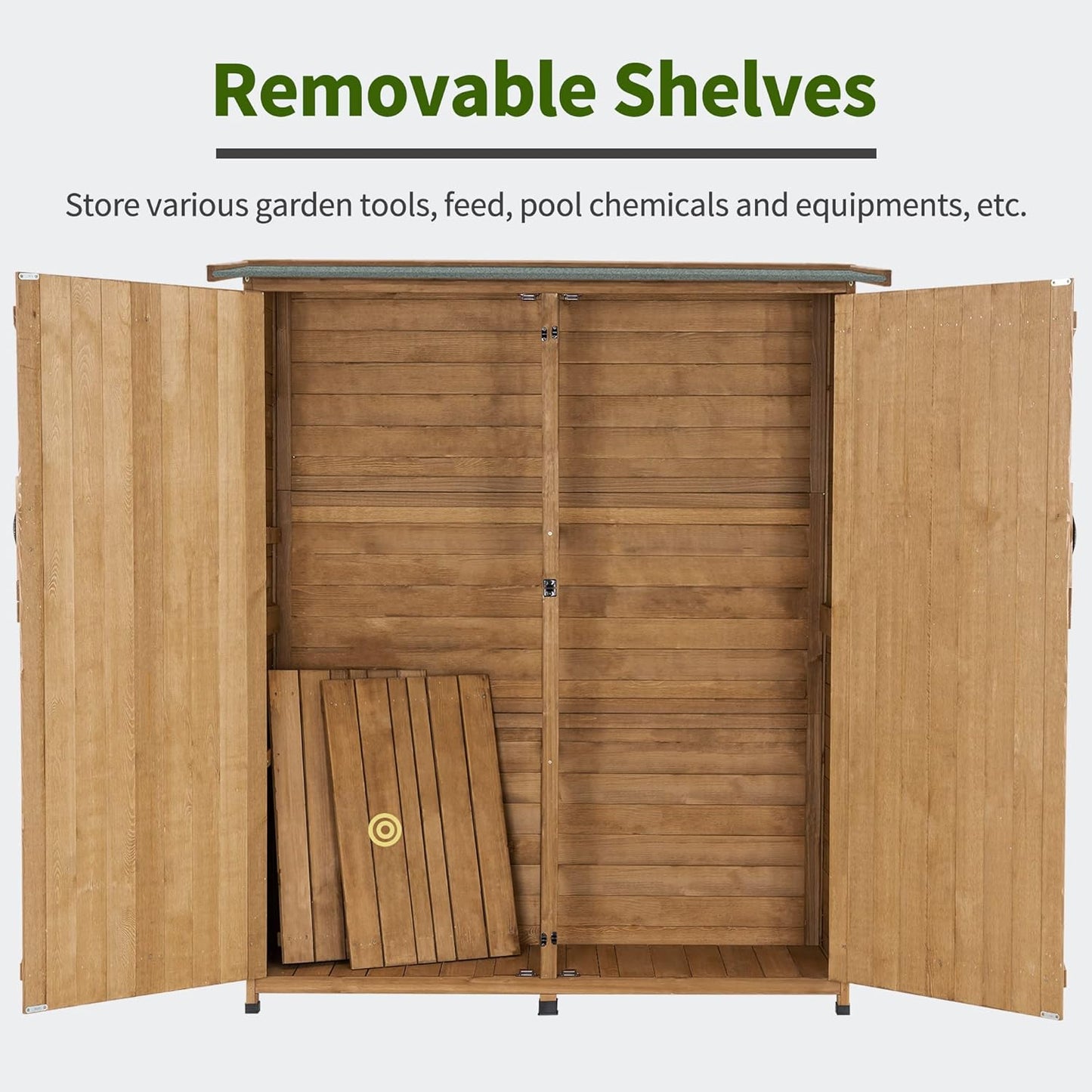 MCombo Outdoor Storage Cabinet with Shelves, Wood Garden Shed with Floor, Outside Tool Shed with 2 Lockable Doors for Yard Patio Lawn, 1400 (Natural)