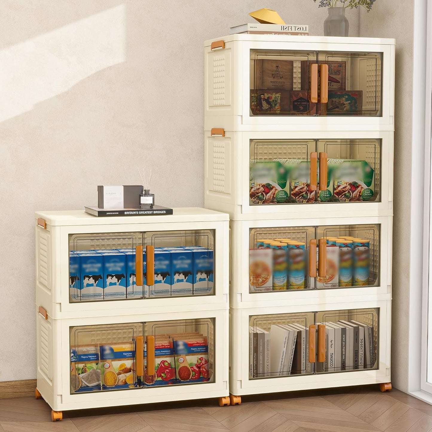 Plastic Stackable Storage Bins with Lids and Wheels, Foldable Closet Organizers and Storage Containers, Collapsible Clear Drawer Storage Cabinet with Doors Ivory White 179.2 QT