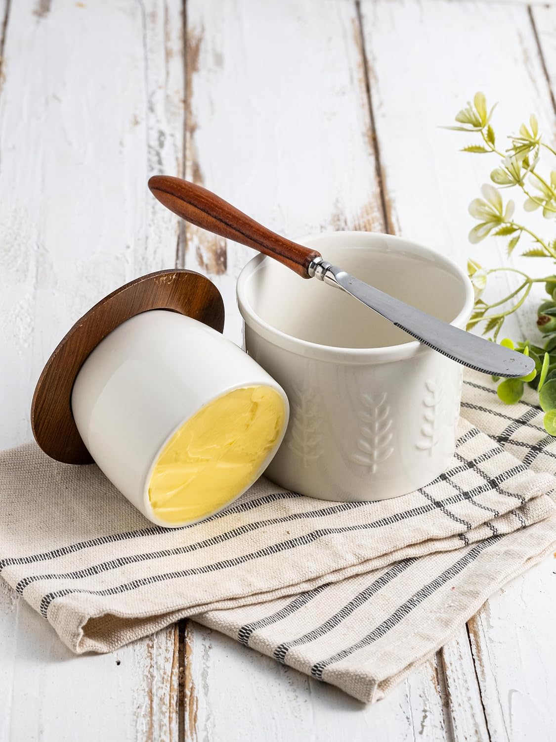 Butter Crock, Ceramic Butter Dish with Lid for Countertop, French Butter Keeper, Elegant Embossed Pattern, White