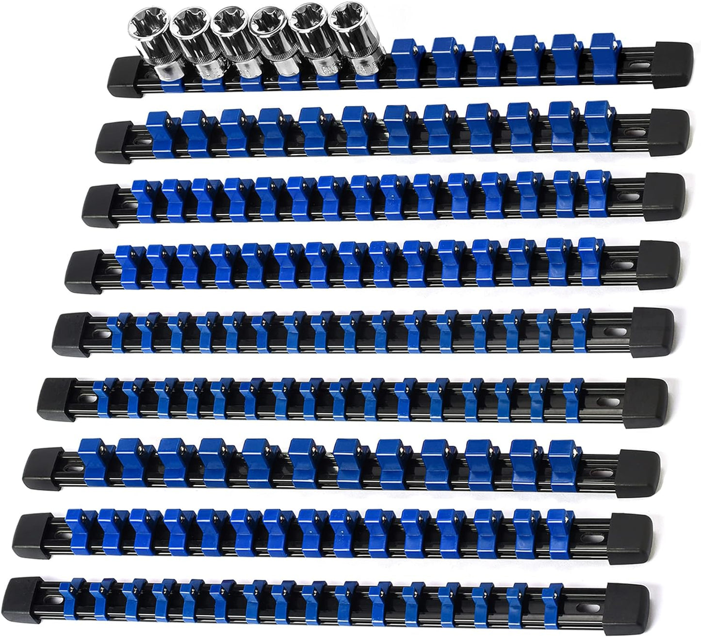 Socket Organizer Drive ABS Tools - Blue Socket Holder, Premium Quality 9 Pieces Socket Holders Kit 1/4-Inch x 48 Clips, 3/8-Inch x 45 Clips, 1/2-Inch x 36 Clips
