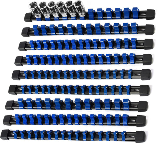 Socket Organizer Drive ABS Tools - Blue Socket Holder, Premium Quality 9 Pieces Socket Holders Kit 1/4-Inch x 48 Clips, 3/8-Inch x 45 Clips, 1/2-Inch x 36 Clips
