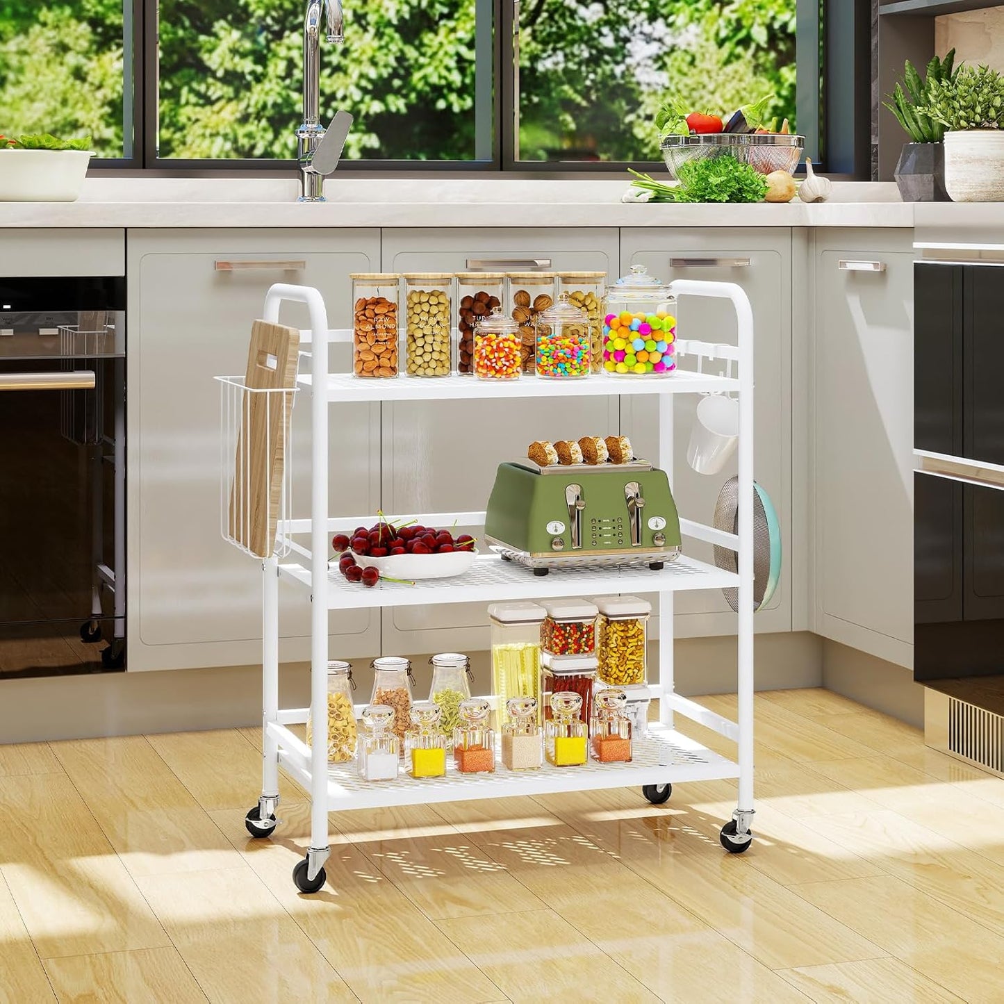 HDANI 3 Tier Metal Mesh Utility Cart,Large Capacity Multipurpose Heavy Vehicle,Rolling Trolley with to Hooks and One Basket(White)