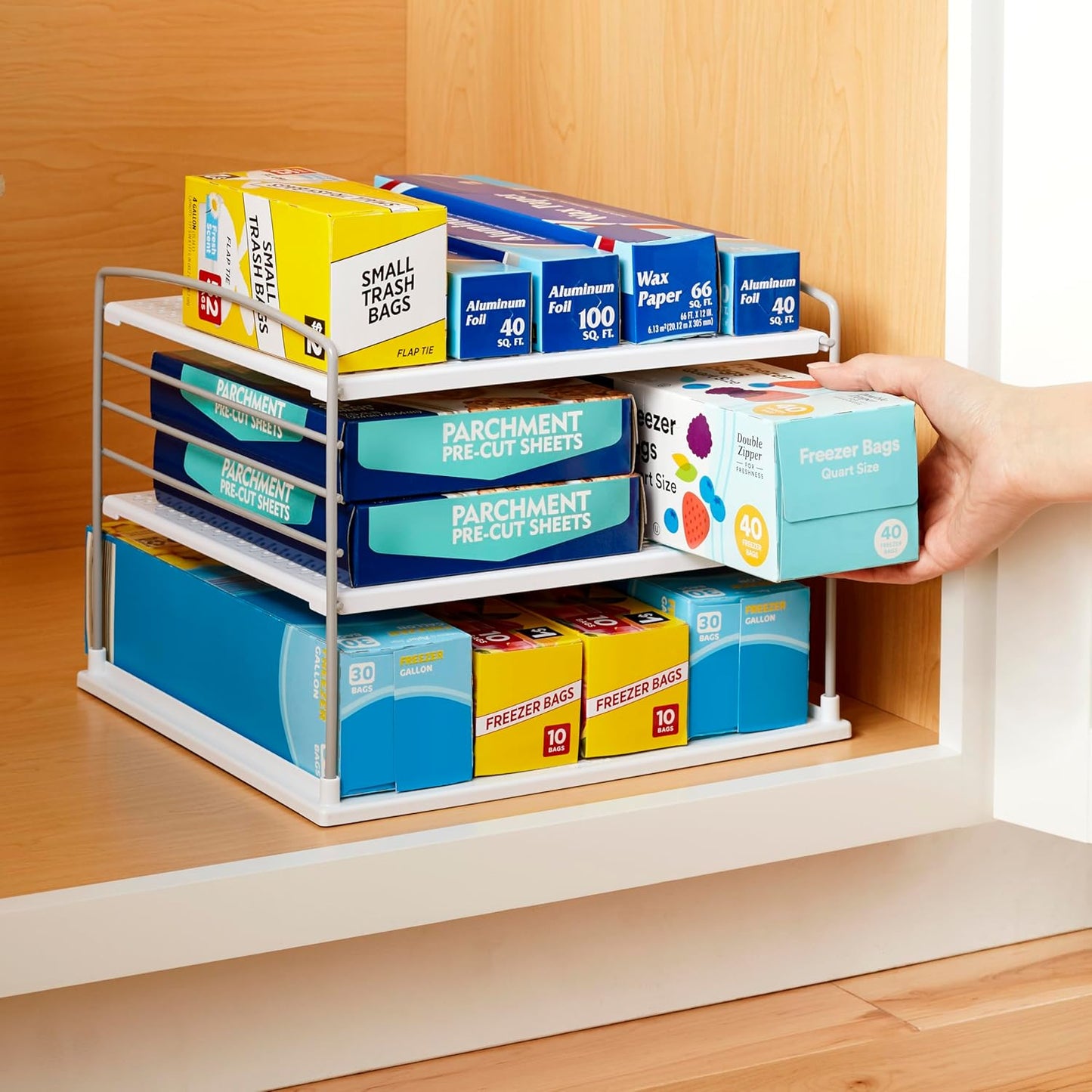 YouCopia UpSpace Cabinet Box Organizer, Adjustable Kitchen and Pantry Shelf for Plastic Wrap and Foil Storage, Large