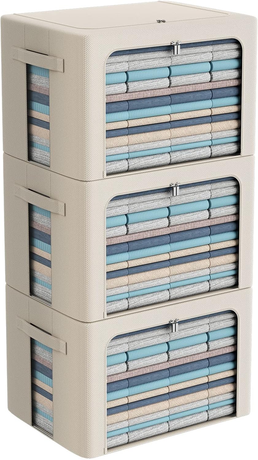 CYhom 3Pack Frame Storage Box - Clothes Storage Bin Bags Oxford Fabric Foldable Stackable Container Organizer Set with Clear Window & Carry Handles Large Capacity (Beige, Extra Large-100L)