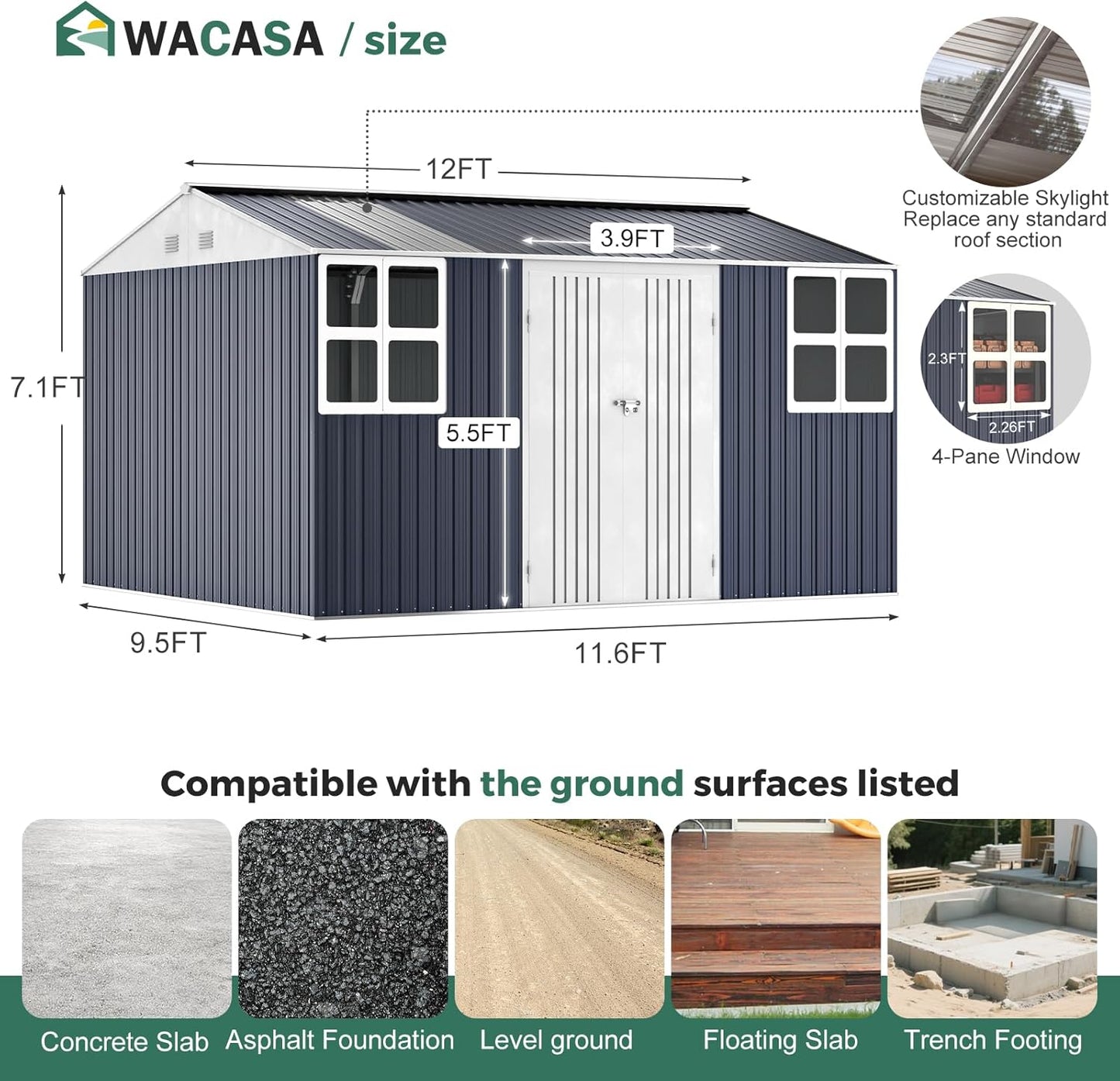 Metal shed 12x10 FT Outdoor Storage, Heavy-Duty Garden Sheds with Customizable Skylight & Reinforced Steel Frame, Weatherproof Galvanized Tool Tiny House for Backyard, Patio, and Lawn
