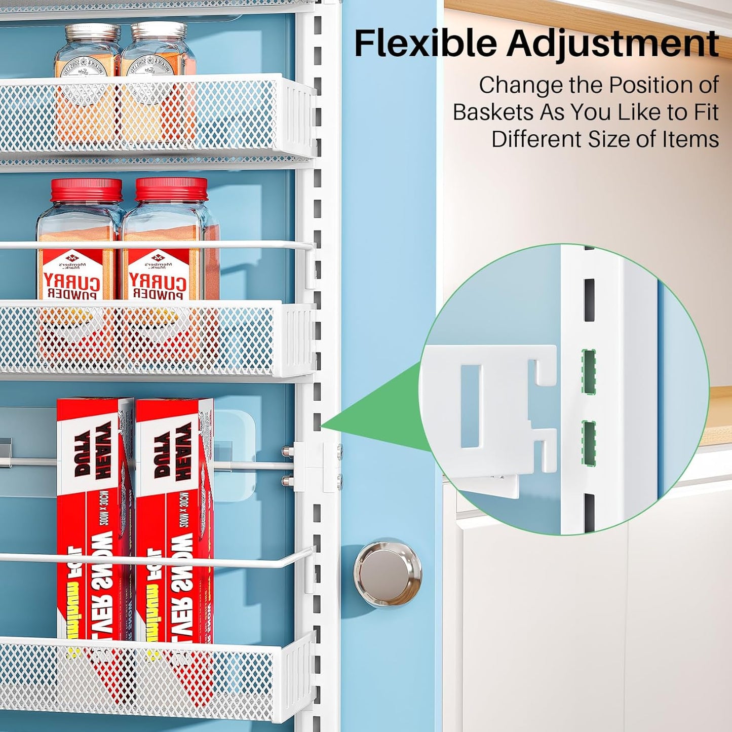 SNTD Over the Door Pantry Organizer - 8 Tier Adjustable Pantry Door Spice Organizer, Large Capacity Hanging Door Spice Rack for Kitchen Pantry Organizers and Storage (White, 12.3" W x 4.7" D x 69" H)