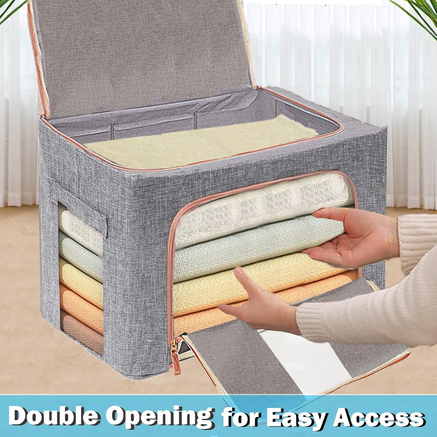 Extra Large Clothes Storage Bins with Metal Frame, Foldable Organizer for Home Organization, 2-Way Zipper, Clear Window Storage Bags for Clothes, Bedding, Seasonal Storage, 100L x 3Pack
