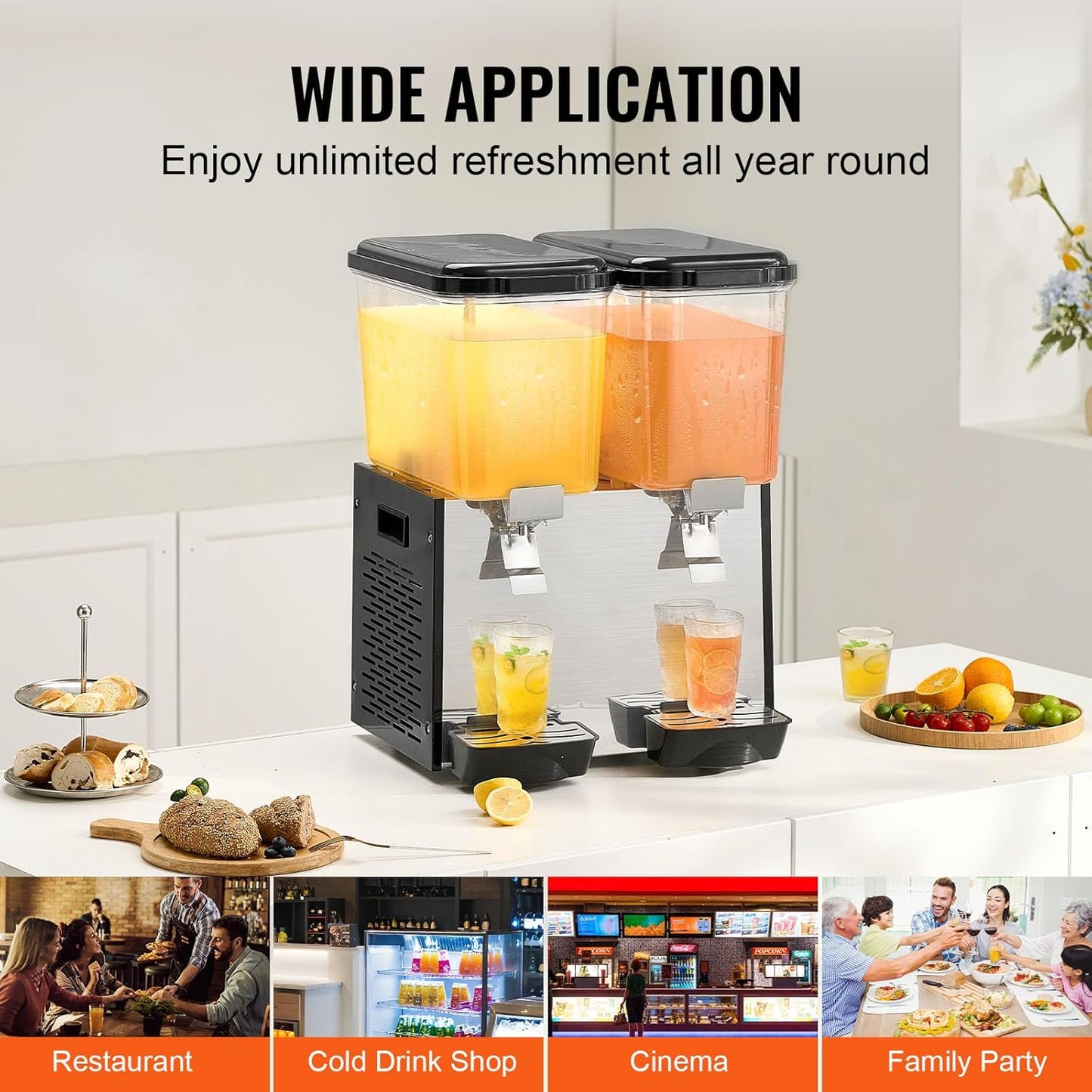 VEVOR Commercial Beverage Dispenser, 2 Tanks 18 L / 19 QT Per Tank Juice Dispenser, 370W Stainless Steel Ice Tea Drink Machine with 45°F-54°F Cooling Temperature, for Cold Drink Restaurant Bar Party