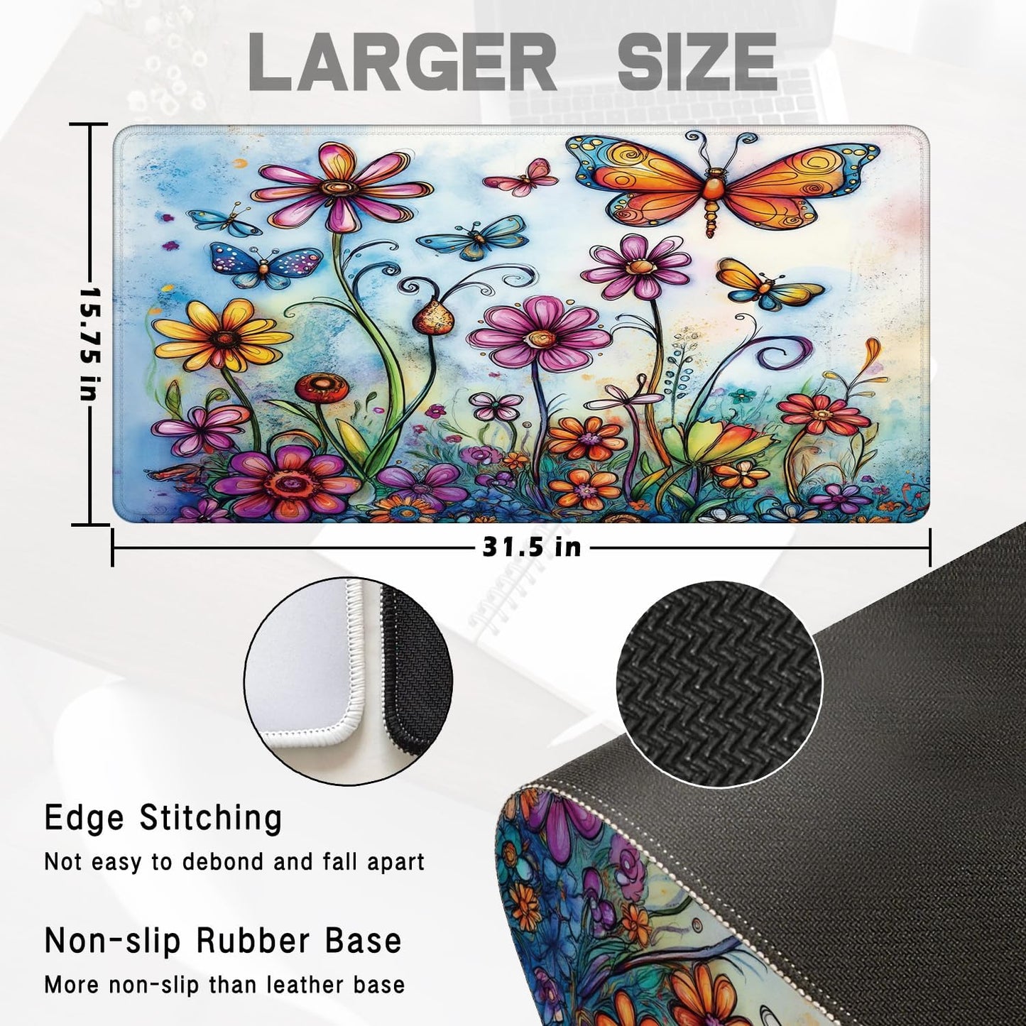 Vintage Hippie Floral Butterfly Large Mouse Pad 31.5x15.7inch, Retro Hippy Flower Butterfly Large Extended Computer Desk Mat Mousepad for Keyboard and Mouse, Flora Desk Accessories