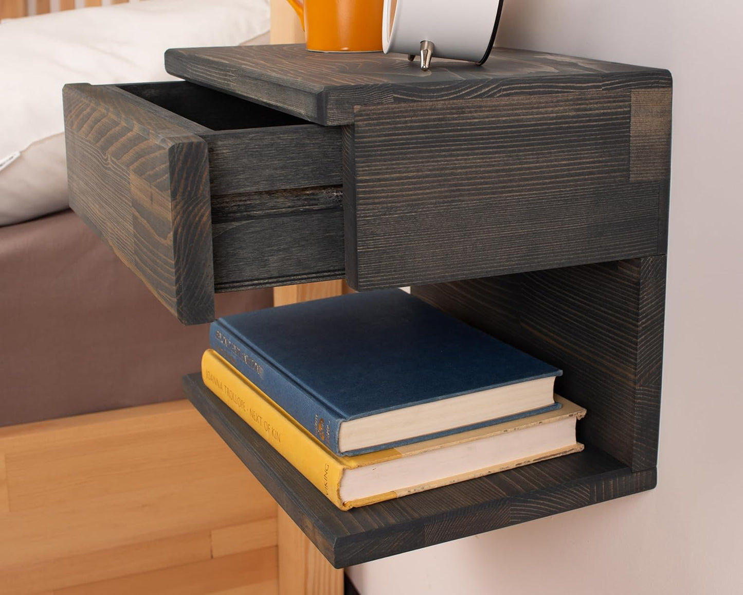 Floating Nightstand Side Accent or End Table with Storage Drawer, Wood Bedside Shelf, Handmade Floating Table (Nairobi)
