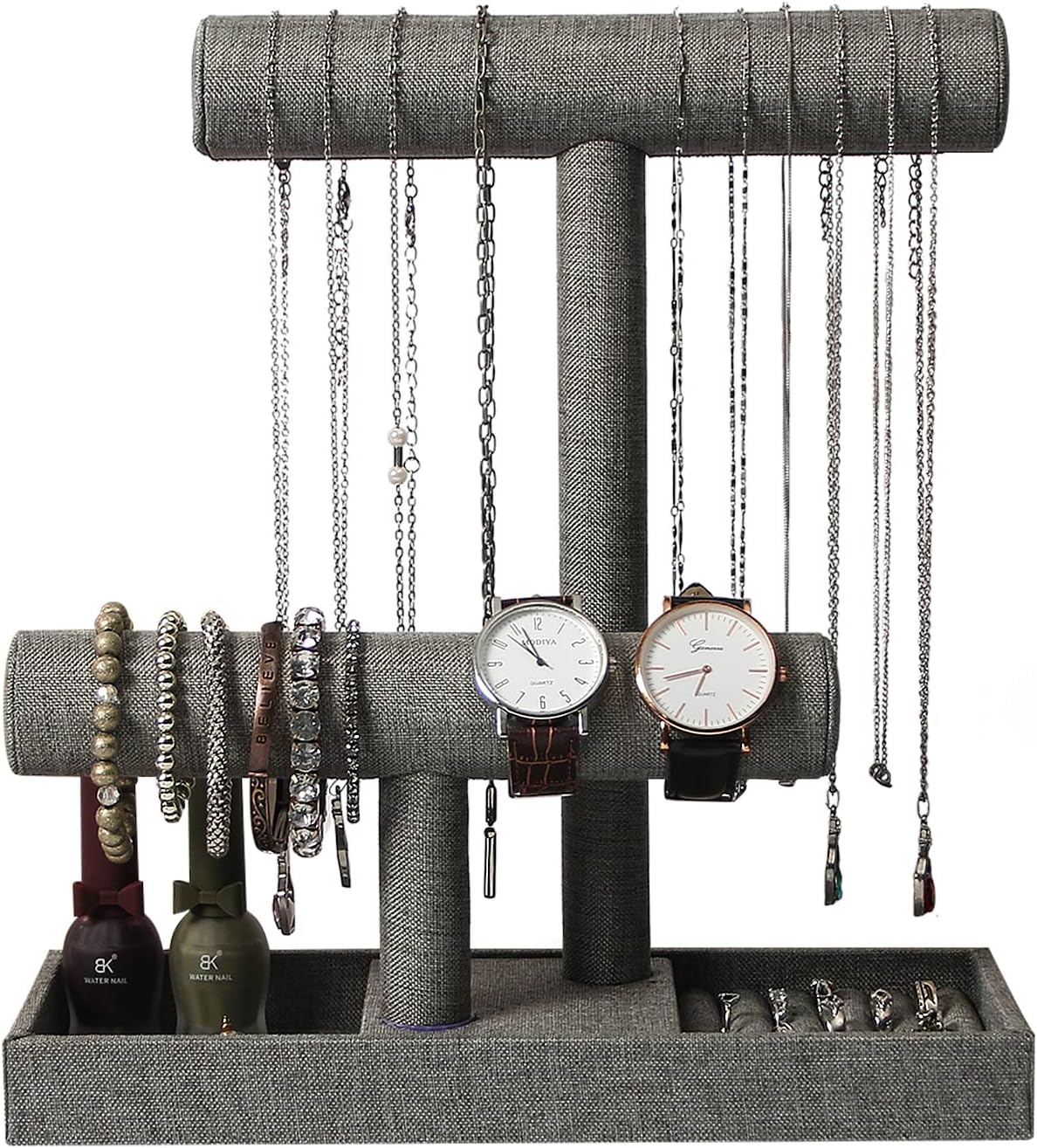 Coward 2 Tier Necklace Bracelet Holder Organizer with Ring Tray, Linen Jewelry Display Stand for Watch Scrunchie Lipstick, Perfumes,Nail polish (Gray Linen)