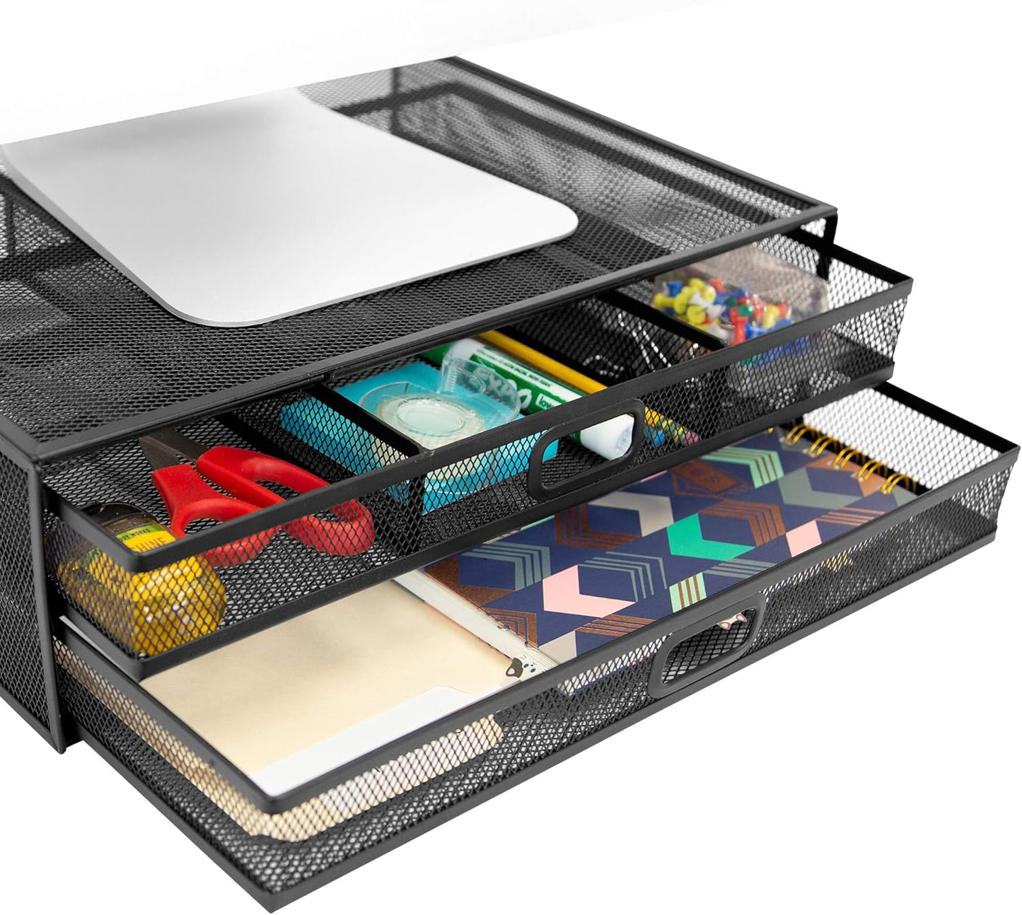 MOUNT-IT! Computer Monitor Stand With Drawers, Metal Mesh Riser and Organizer for Laptops and Computer Screens, Laptop, and Printer Accessories and Office Supplies (Black)
