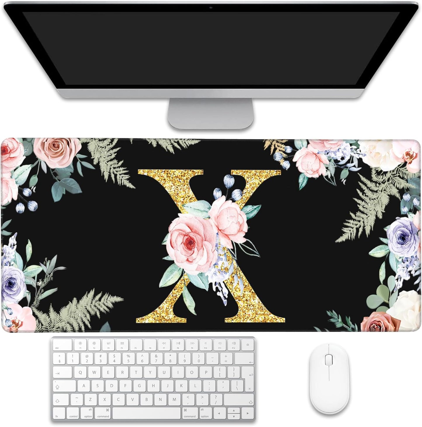 Large Gaming Mouse Pad for Desk, Flower Golden Letters X Desk Mat, 35.4"x15.7" Big Mouse Pad with Non-Slip Base and Stitched Edge, Long Computer Keyboard Mouse Mat for Home Office Work