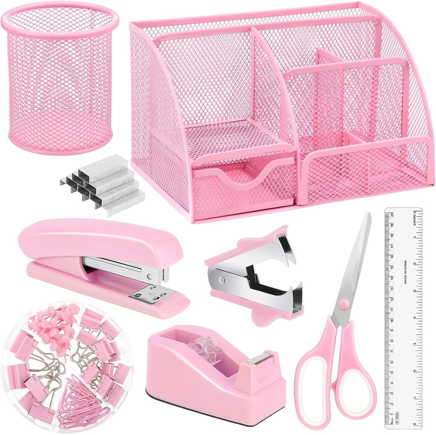 Pink Desk Organizers and Accessories, Pink Office Supplies Include Mesh Desk Organizer, Tape Dispenser, Stapler, 1000 Staples, Staple Remover, Pen Holder, Clips Set, Ruler, Scissors