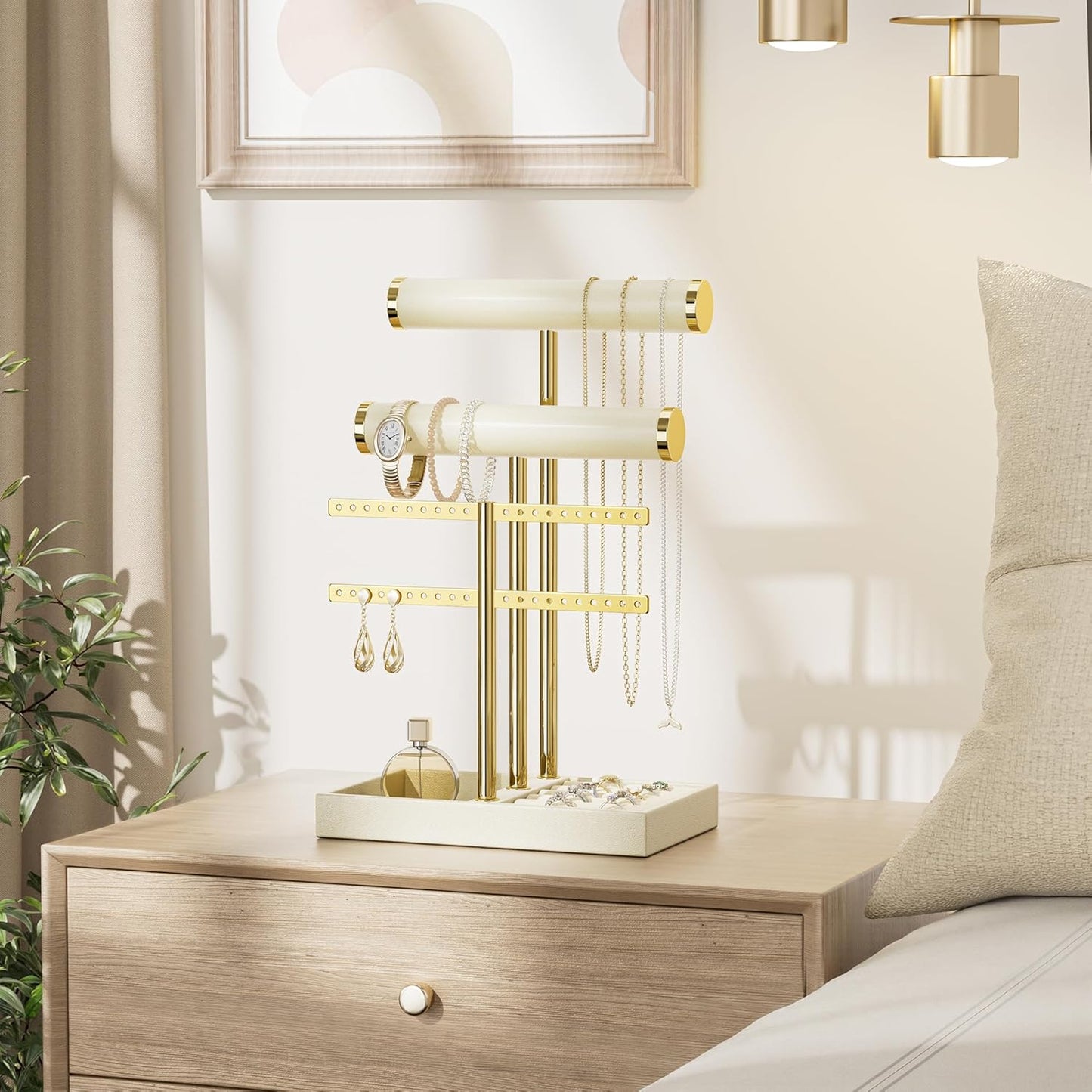 3 Tier Bracelet Holder Display - Beige Leather Bracelet Holder, Detachable T Bar Jewelry Holder Organizer for Bracelet, Necklace, Earrings, Rings, Watches, Bangle