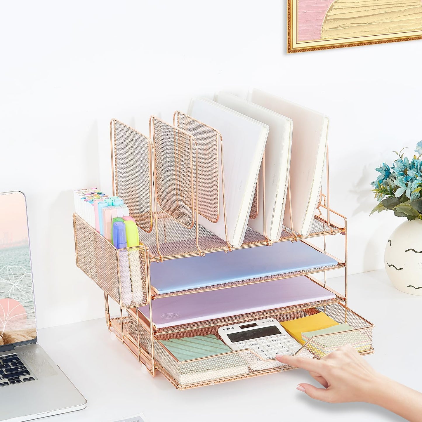 Desk Organizers and Accessories, 3-Tier Paper Organizer with 5 Vertical File Holders, File Organizer for Desk (Rose Gold With Drawer, 3T With Drawer)